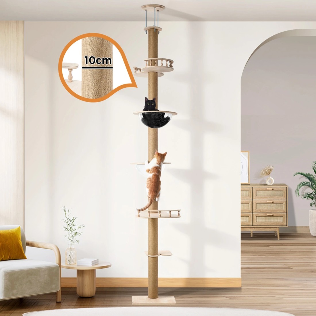 3 Alopet Cat Tree Wood Tower Scratching 300cm Post Scratcher Floor to Ceiling
 - natural, 3 of 9