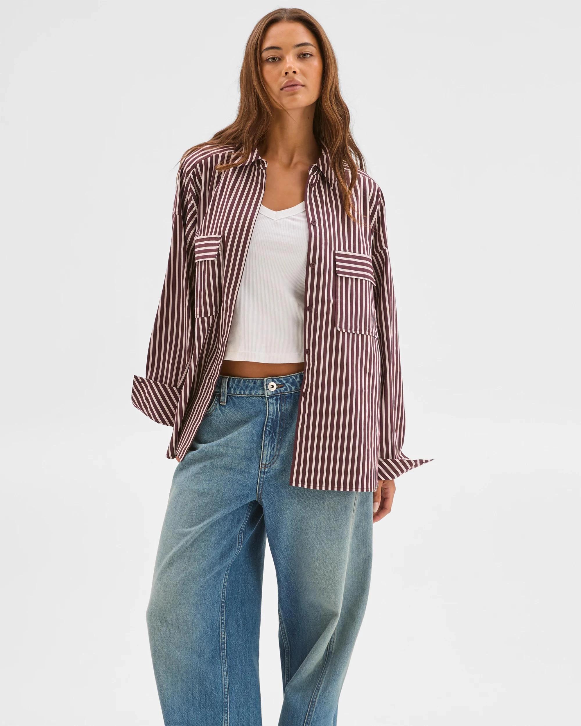 2 Lily Loves Australian Cotton Blend Oversized Shirt FUDGE STRIPE, 2 of 7