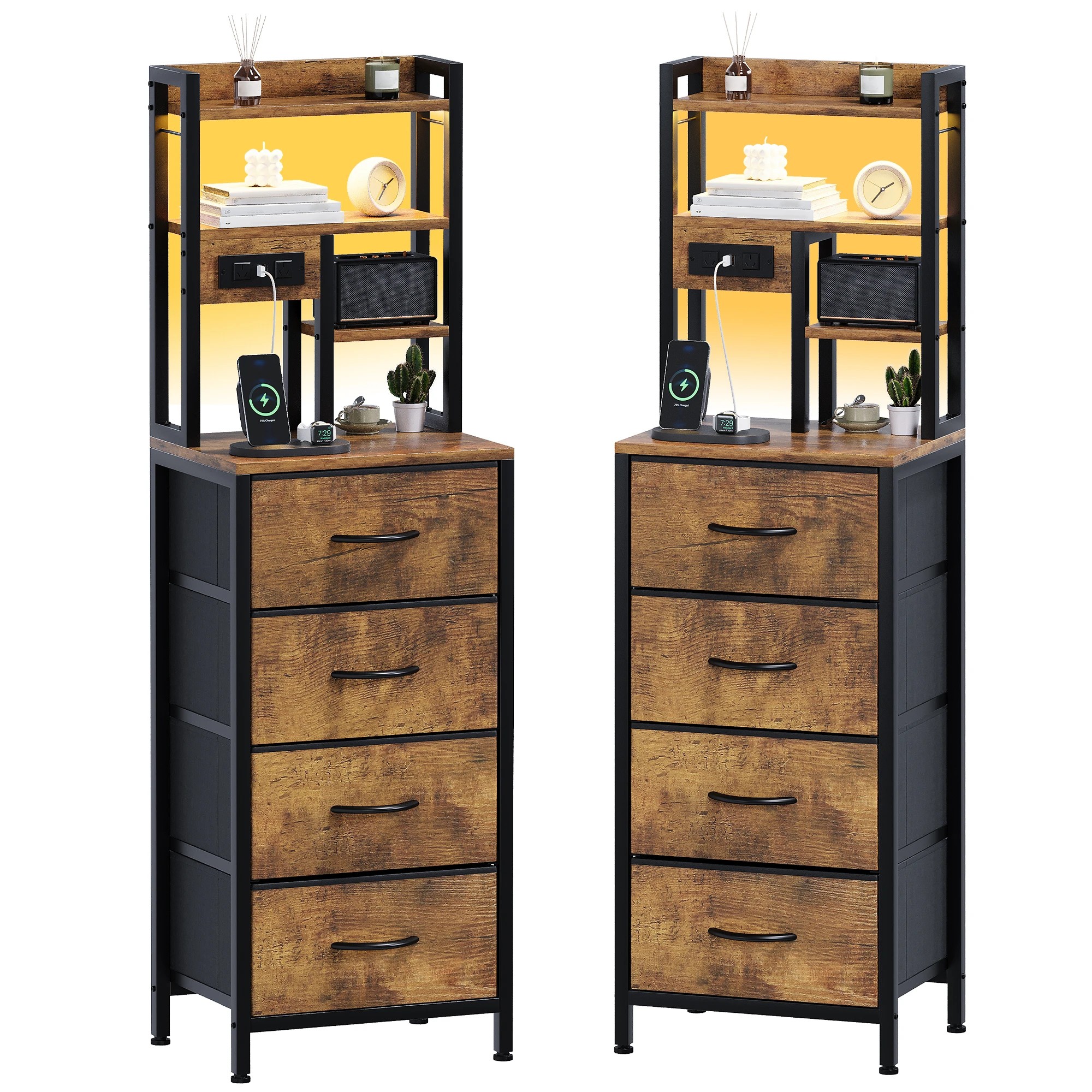 1 Advwin Set of 2 LED Tall Bedside Table with Charging Station 4 Drawers Open Shelves - Brown, 1 of 6
