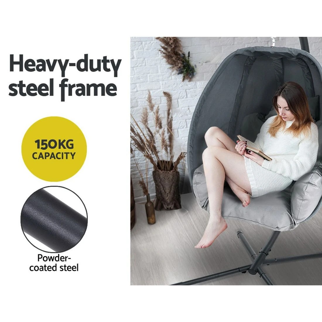 5 Gardeon Outdoor Egg Swing Chair Patio Furniture Pod Stand Canopy Foldable - Grey, 5 of 7