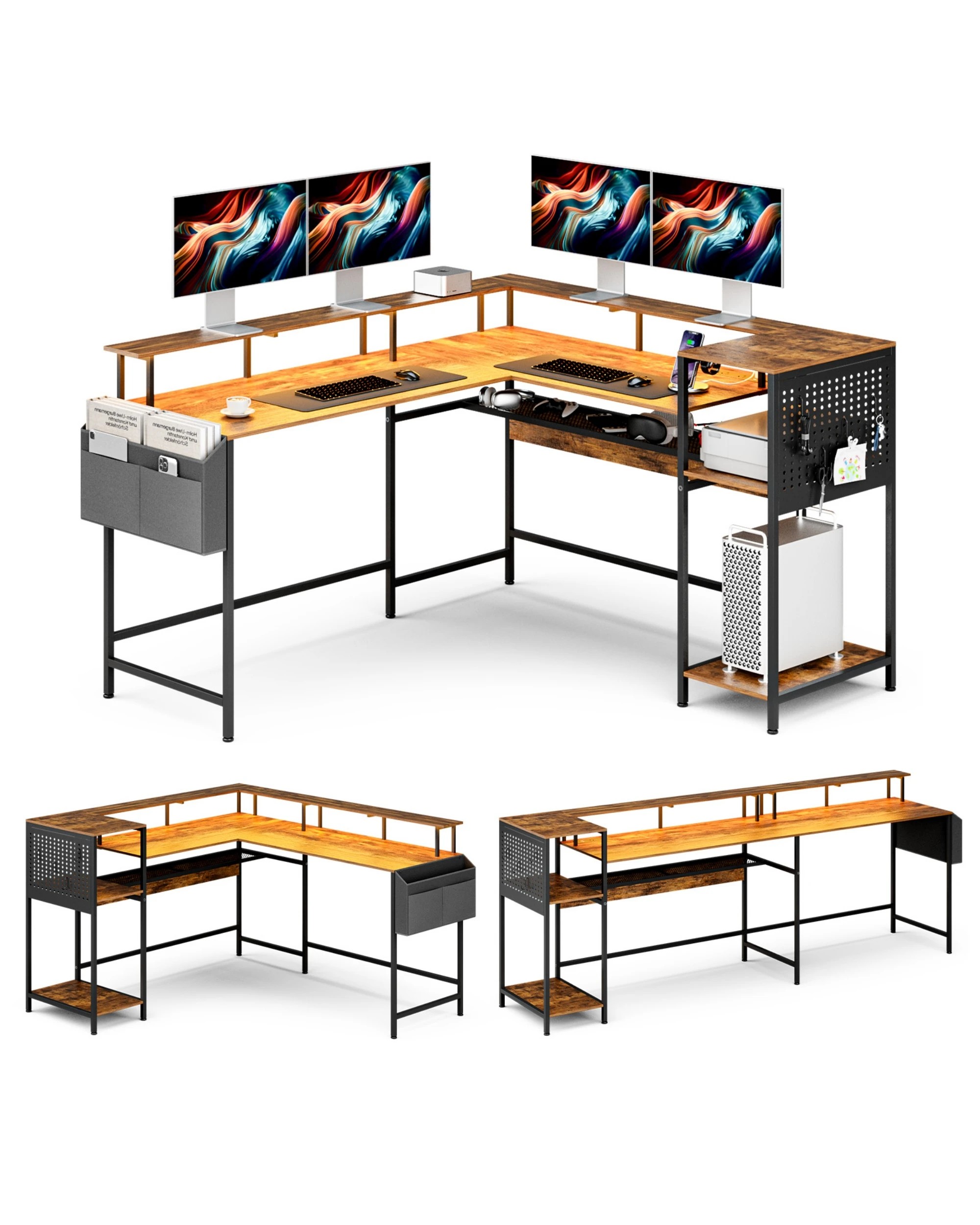 1 Advwin 150cm L Shaped Computer Desk w/ LED Lights & Power Outlets Convertible Gaming Desk  - Brown, 1 of 10