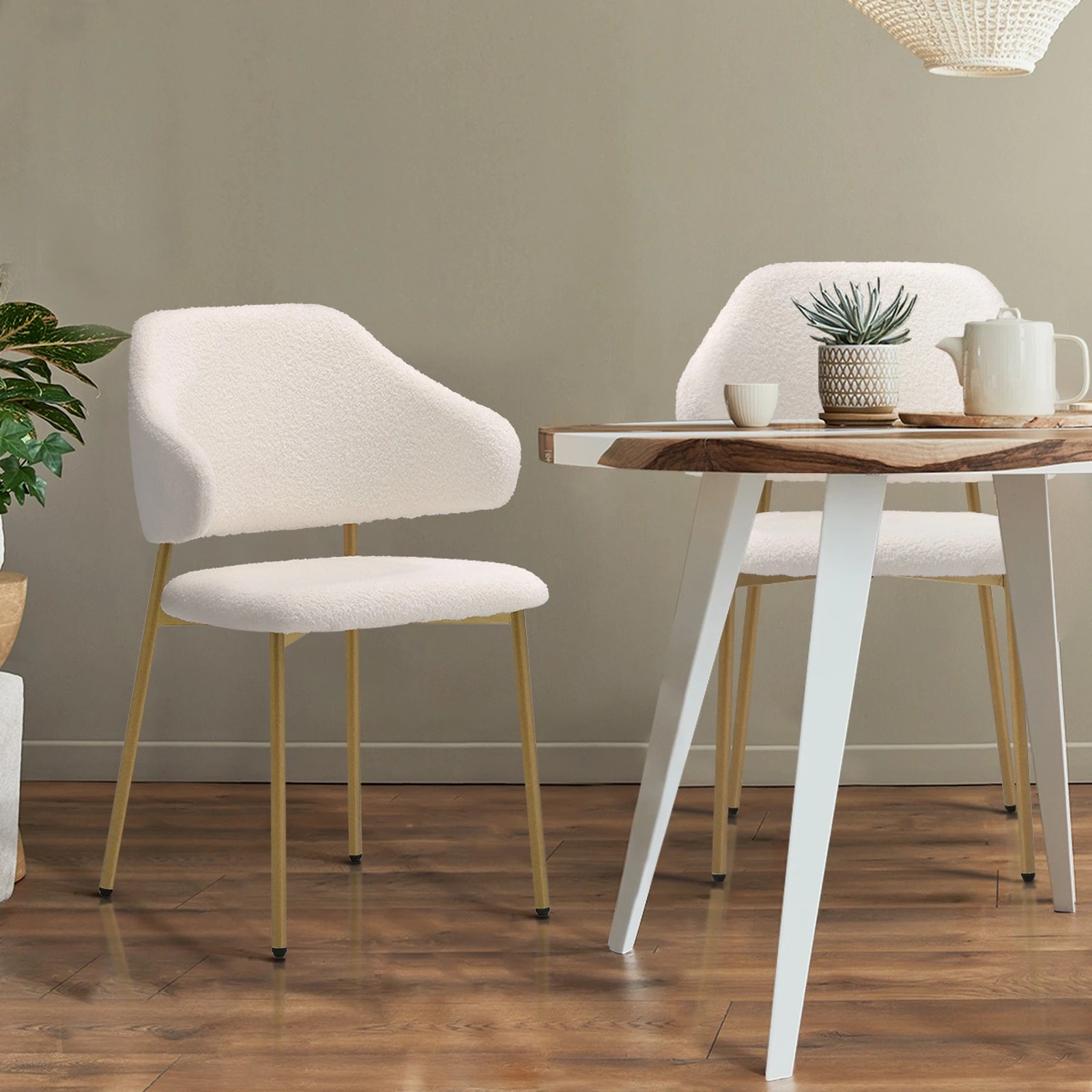 3 Oikiture 2x Dining Chair Accent Chairs Kitchen Padded Seat Sherpa Gold Metal Legs
 - White, 3 of 10
