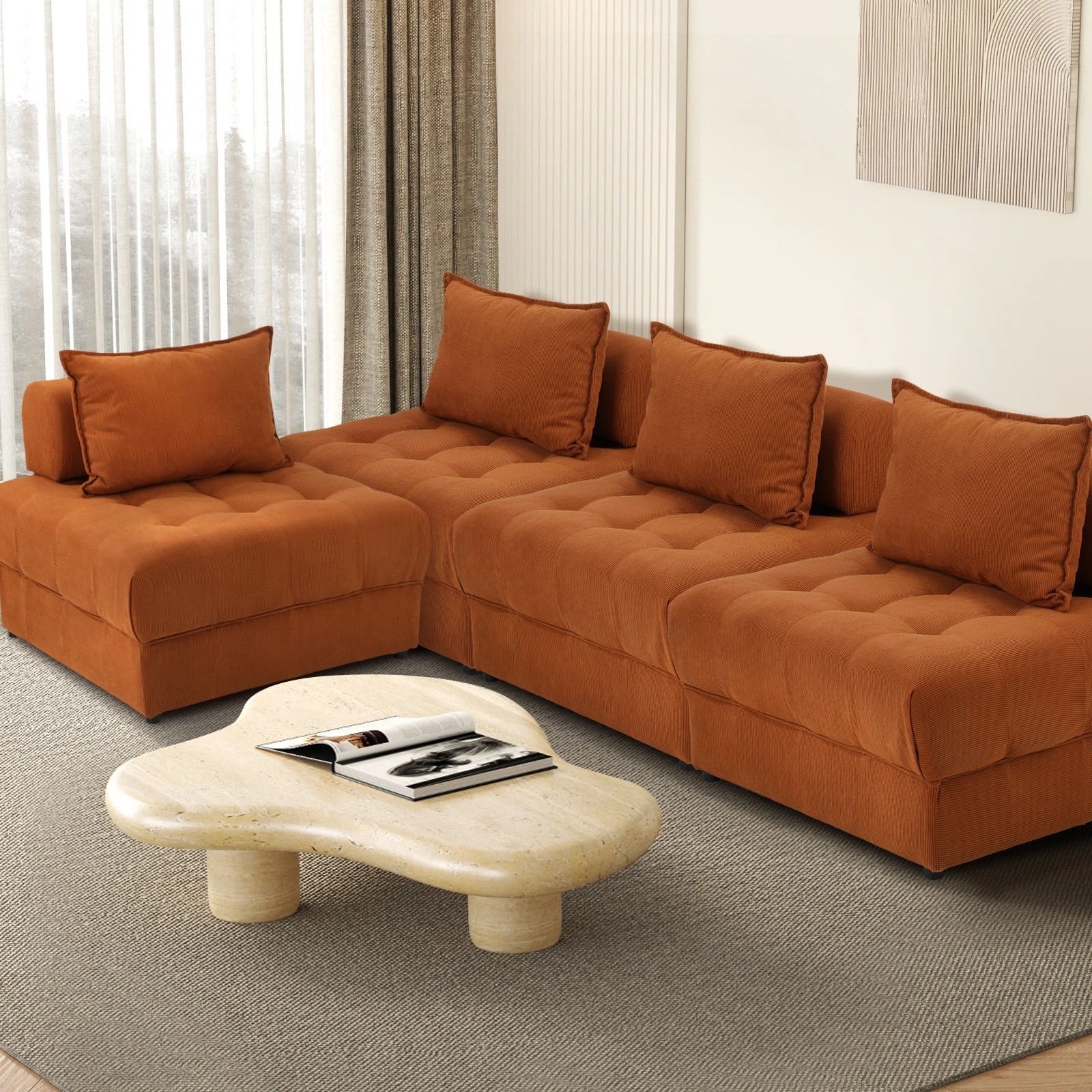 9 Oikiture 4 Seater Velvet Modular Sofa Lounge Chair Armless Tofu Back
 - Brown - Brown, 9 of 10