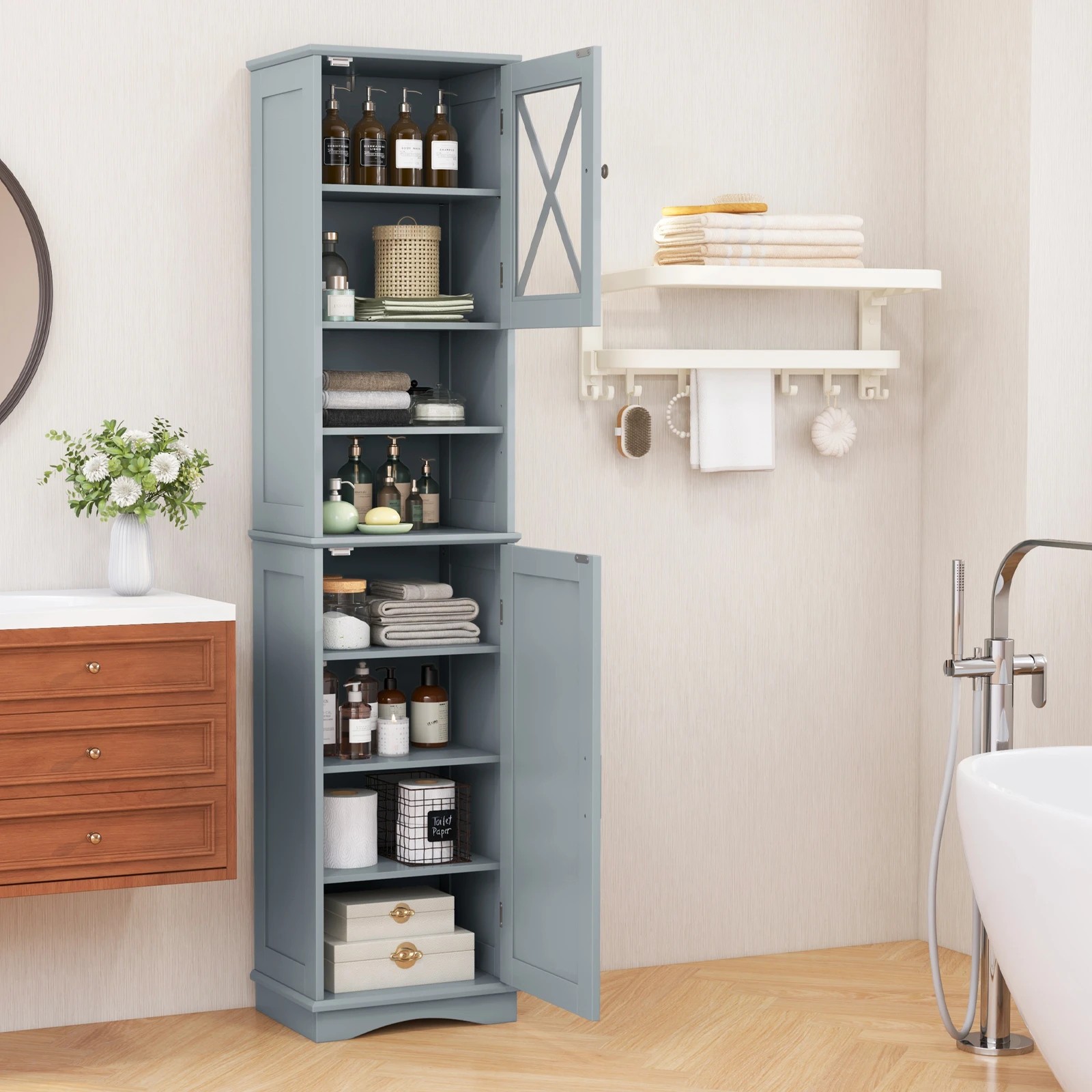 3 Costway Bathroom Cabinet Freestanding Slim Storage Cupboard Narrow Floor Cabinet, 3 of 5