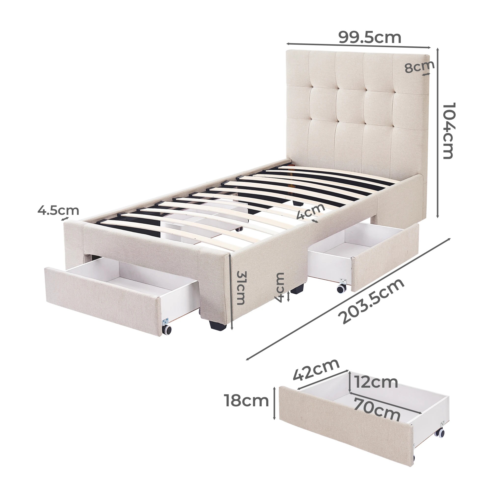 3 Levede Single Storage Bed Frame - Beige, 3 of 9