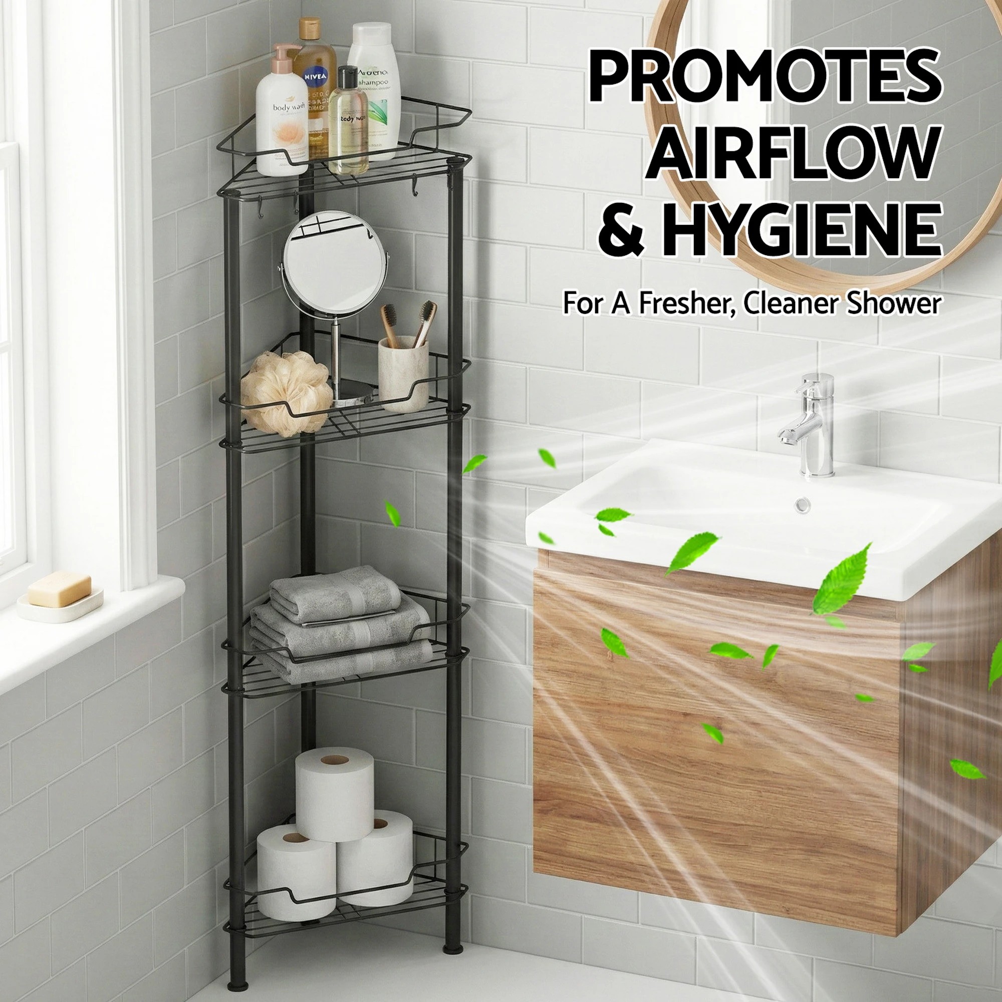 7 Artiss 4 Tier Floor Standing Corner Shower Caddy Bathroom Organizer - Black, 7 of 8