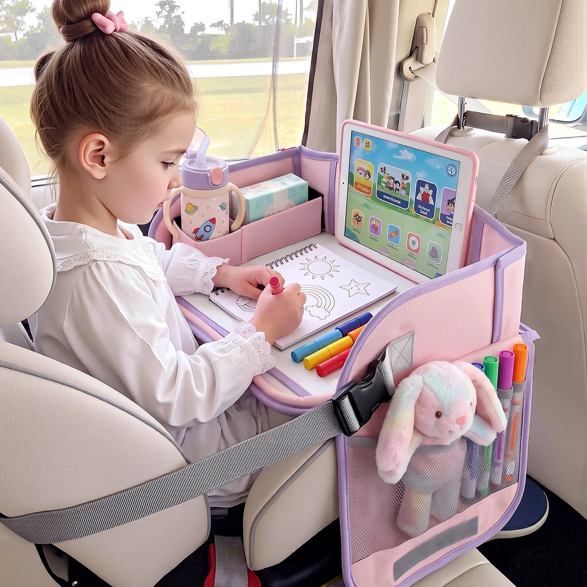 10 Keezi Kids Travel Tray Car Seat Lap Desk Portable Car Desk Organiser for Car & Airplane - Pink, 10 of 10