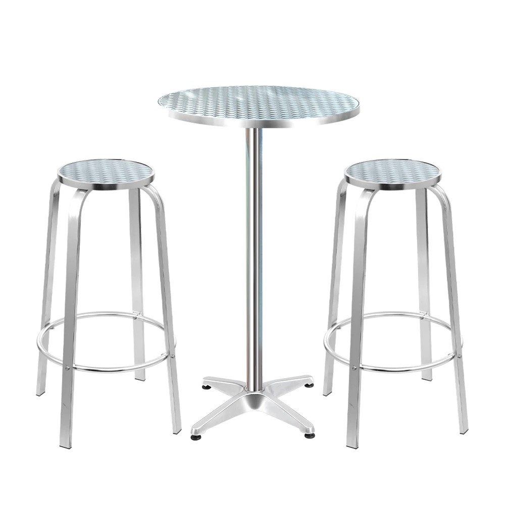 1 Gardeon 3-Piece Outdoor Bar Set Bistro Table Stools Adjustable Round Cafe - Silver, 1 of 7
