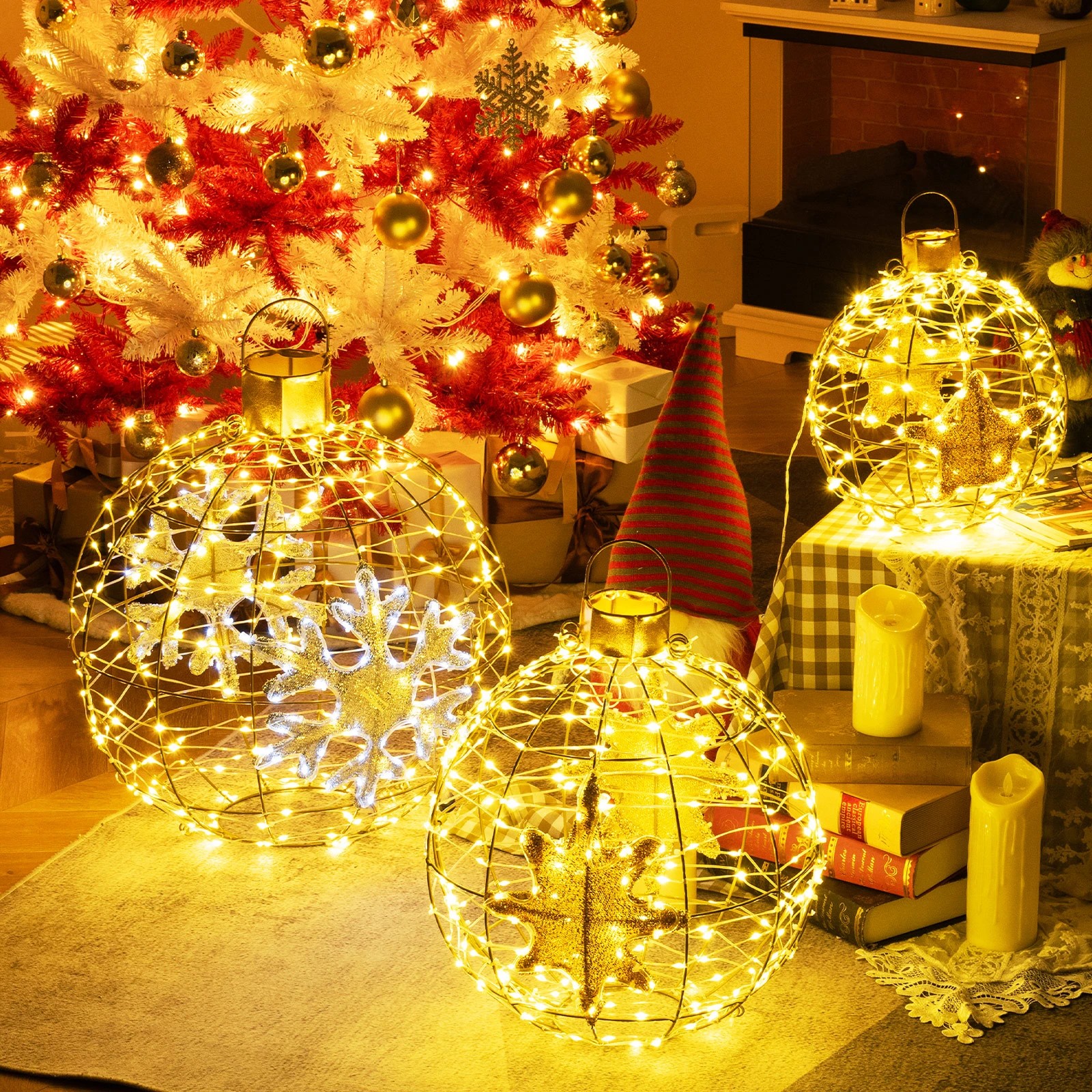 2 Costway 3x LED Christmas Lighted Lantern Balls Hanging Fairy Lights Metal Frame Xmas Decor, 2 of 5