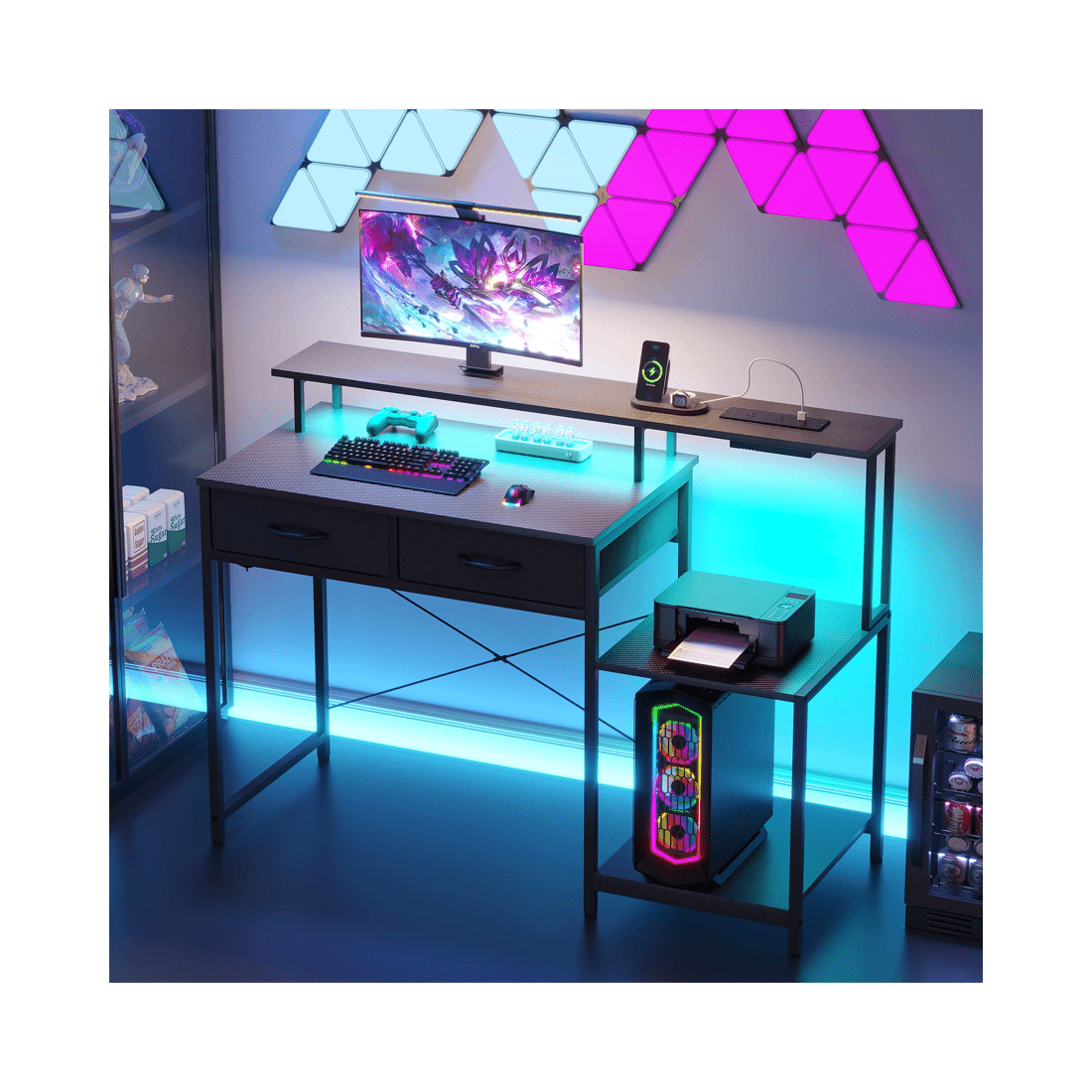 4 Advwin 120cm Computer Gaming Desk With Led Lights Power Outlets Reversible Printer Storage Shelf Black, 4 of 10