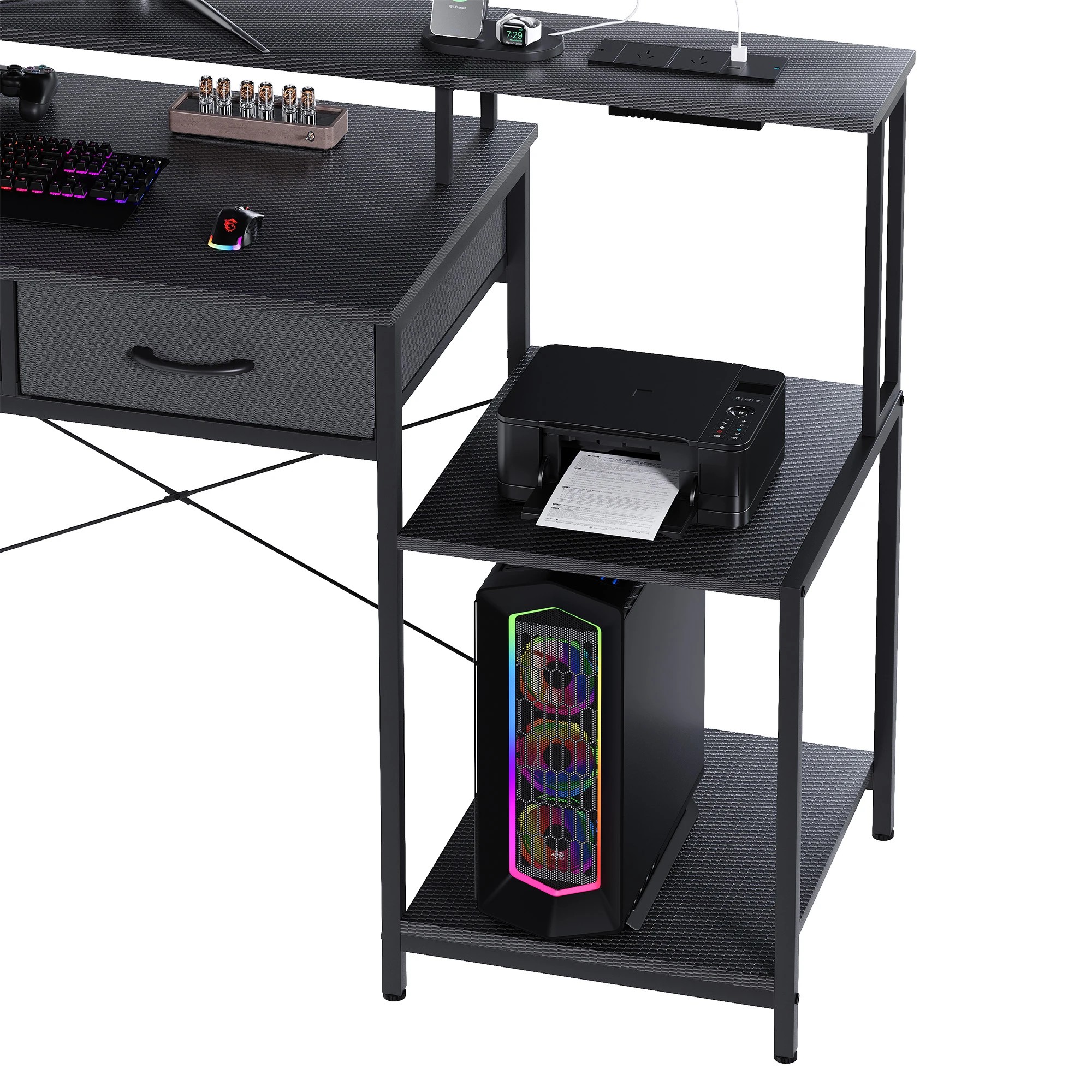 5 Advwin 120cm Computer Gaming Desk With Led Lights Power Outlets Reversible Printer Storage Shelf, 5 of 10