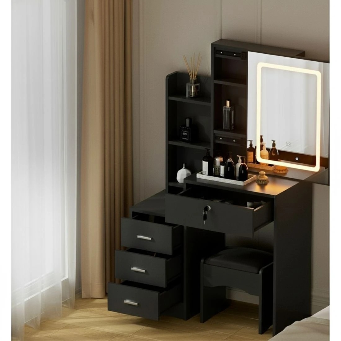 7 Artiss Dressing Table Vanity Desk Set Stool Led - Black, 7 of 8