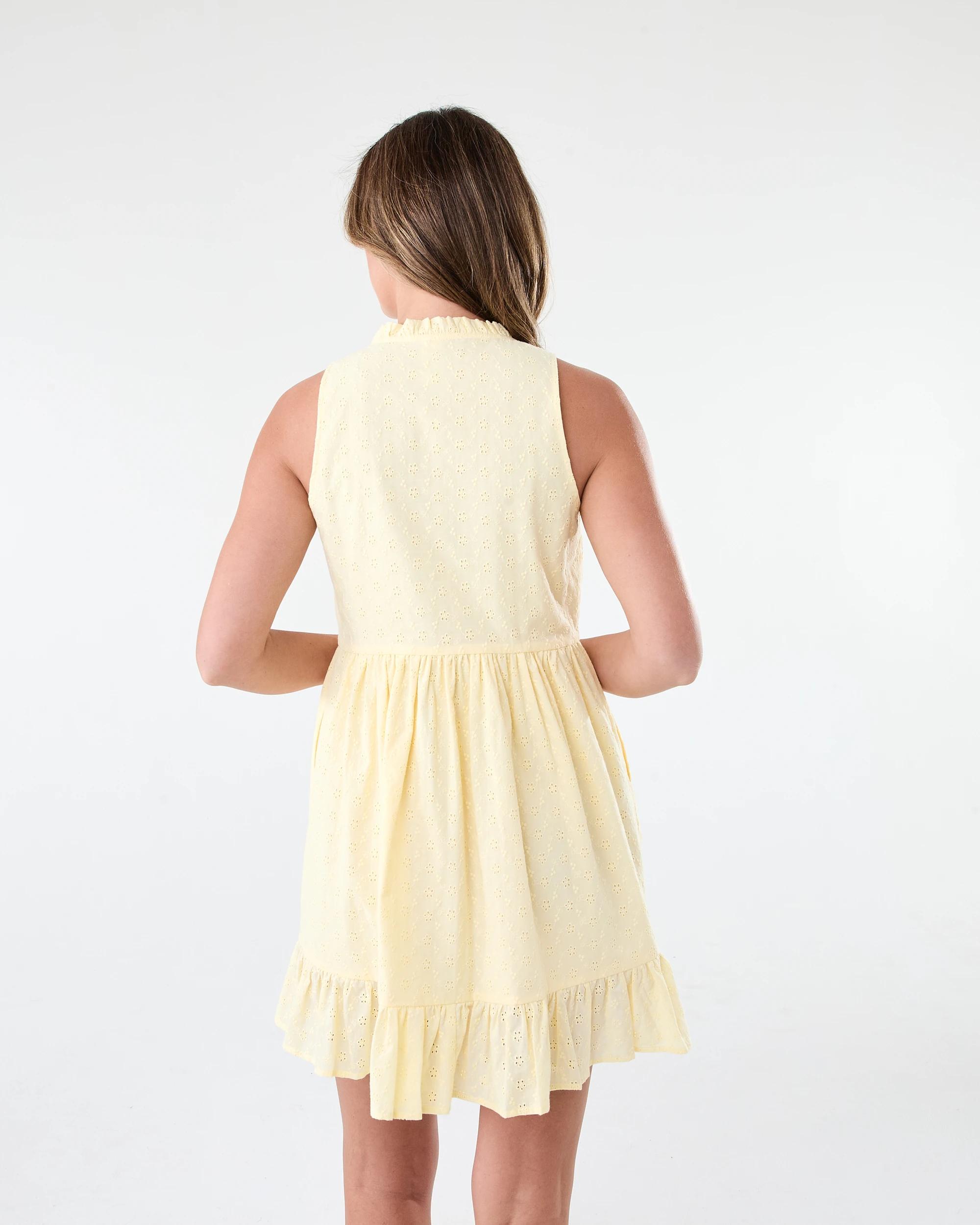 3 Sleeveless Tiered Broderie Mini Dress Fln Yellow, 3 of 9