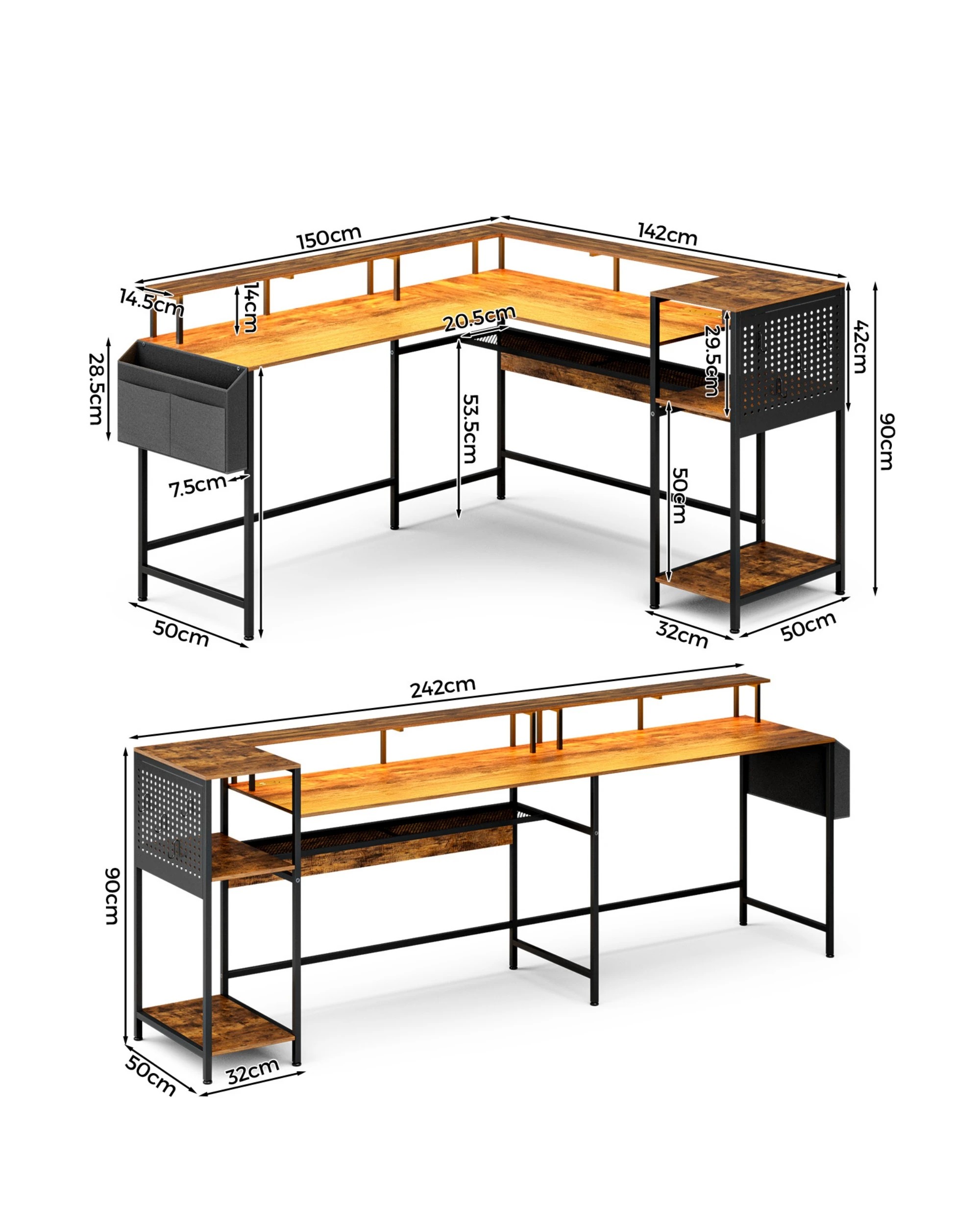4 Advwin 150cm L Shaped Computer Desk w/ LED Lights & Power Outlets Convertible Gaming Desk  - Brown, 4 of 10