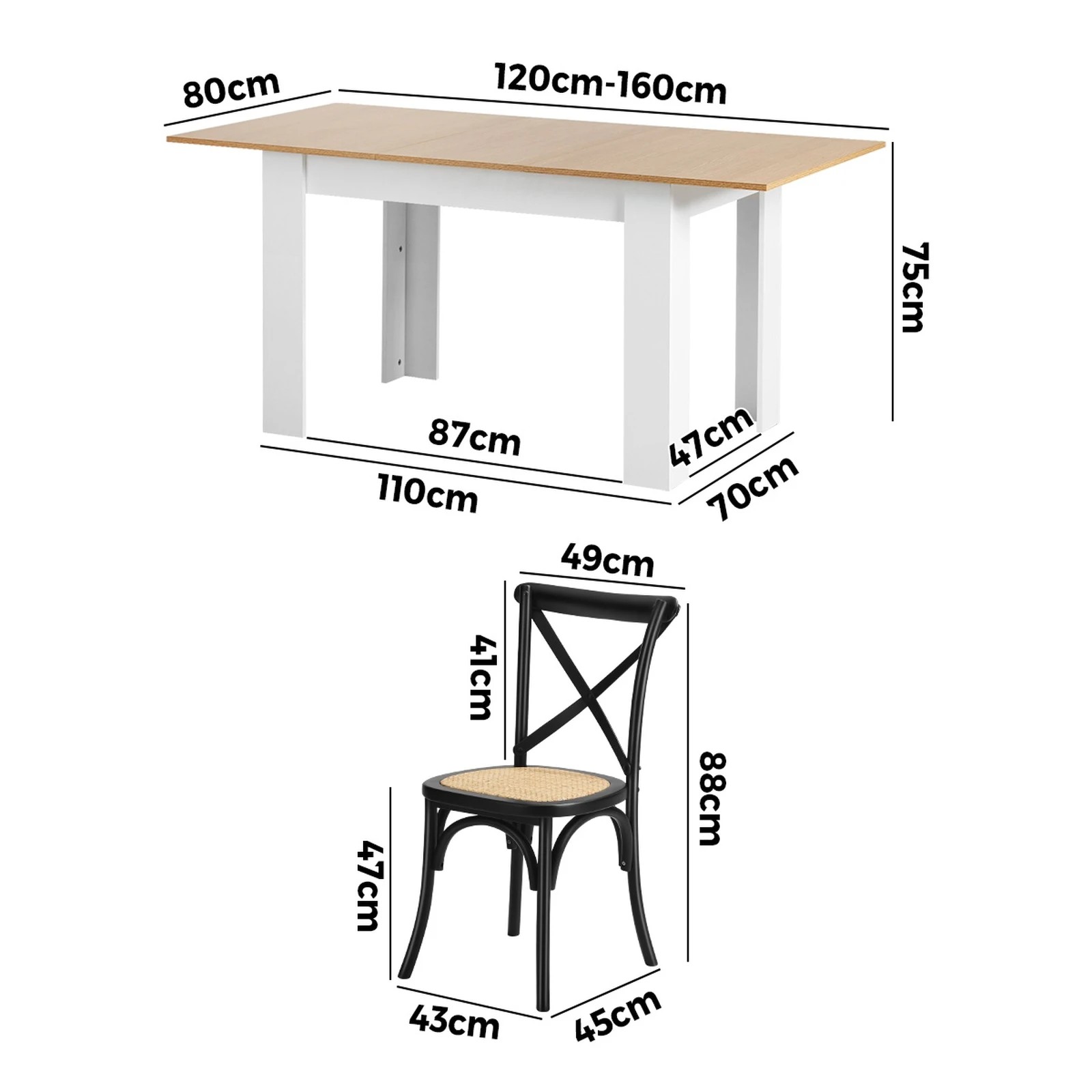 9 Oikiture 160cm Extendable Dining Table With 4pcs Dining Chairs Crossback
 - Black, 9 of 10