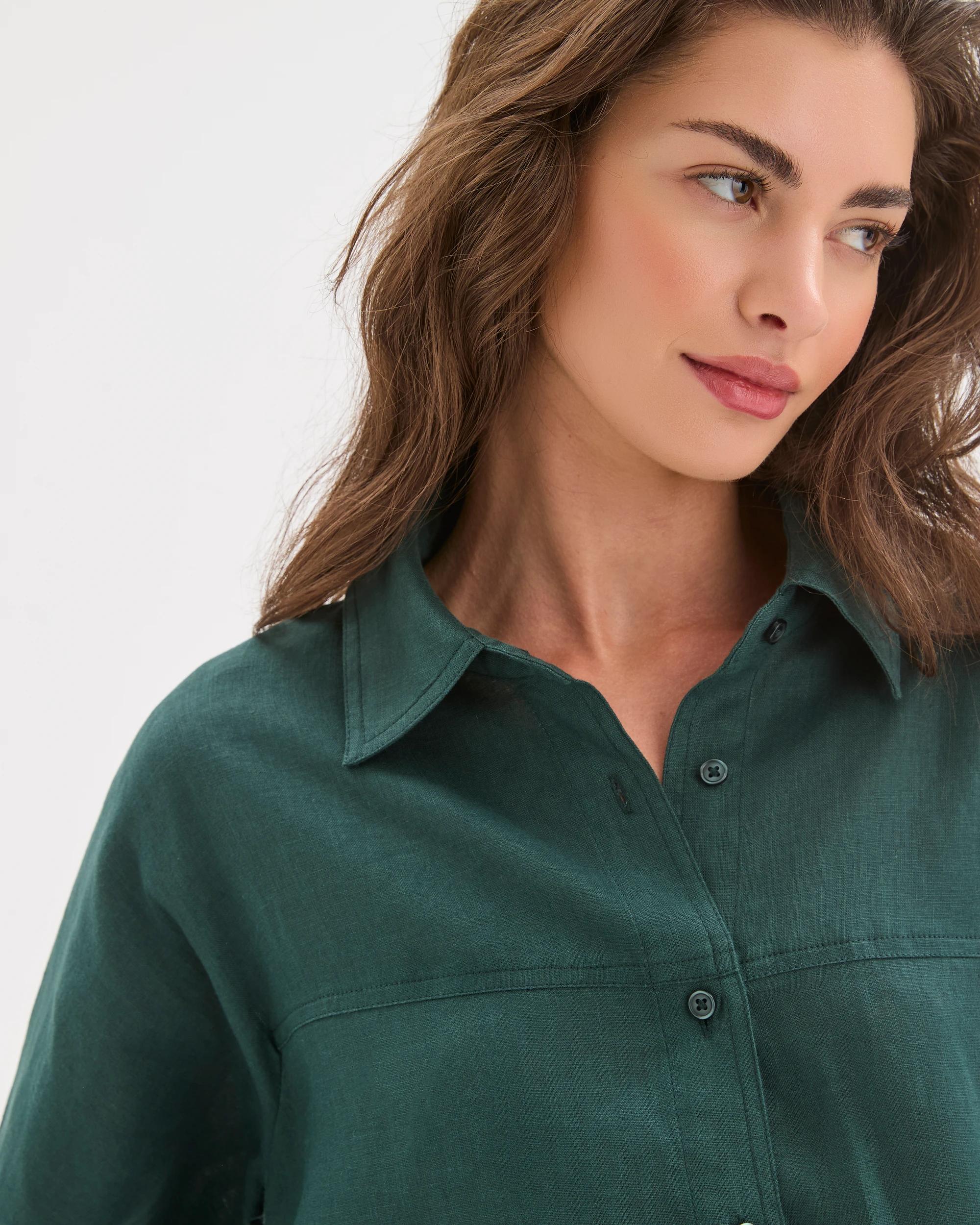 6 Target Petites Petites European Linen Seamed Shirt DEEP GREEN, 6 of 7