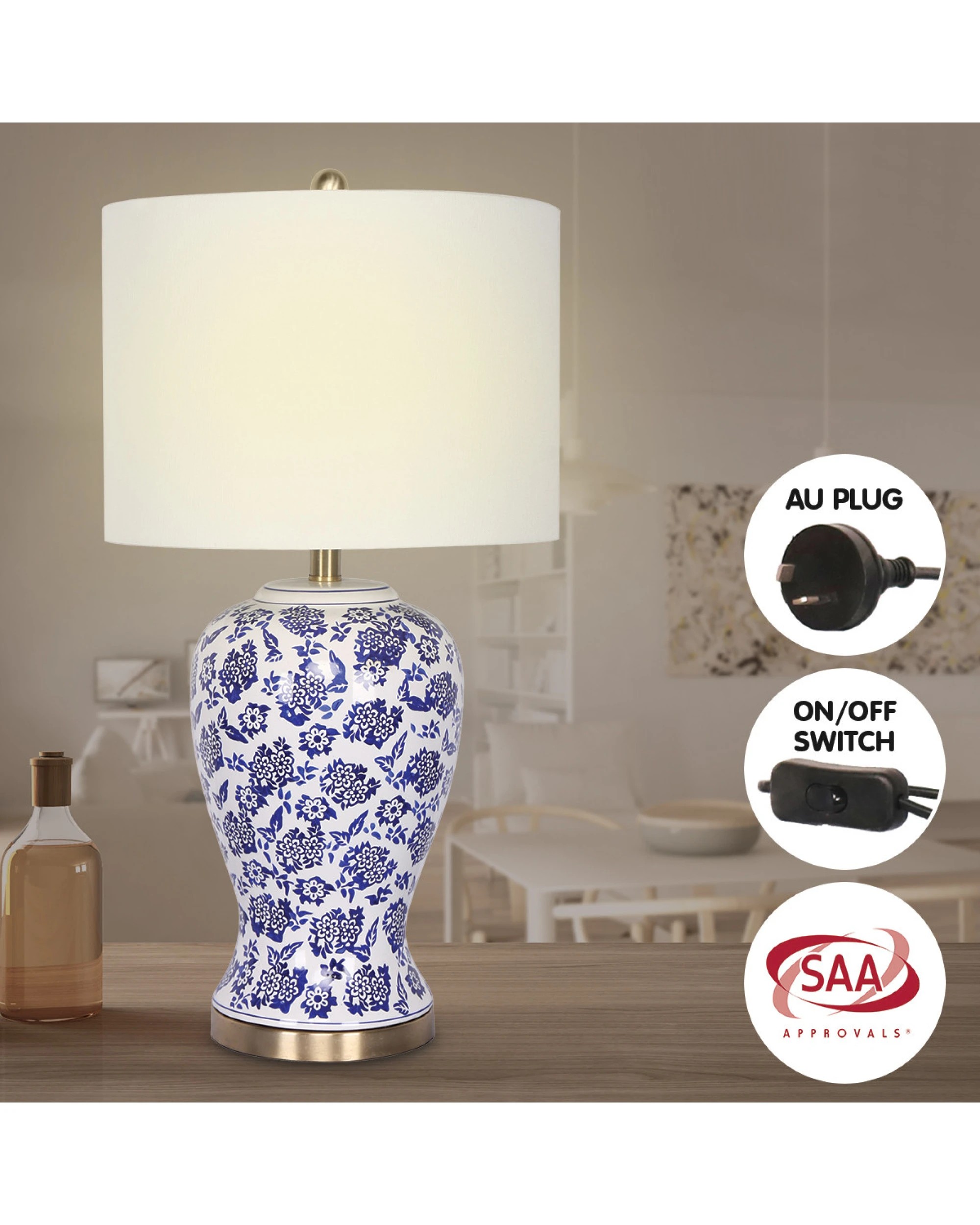 6 Sarantino Hand-Painted Floral Ceramic Table Lamp with Cotton Drum Shade - White, 6 of 8