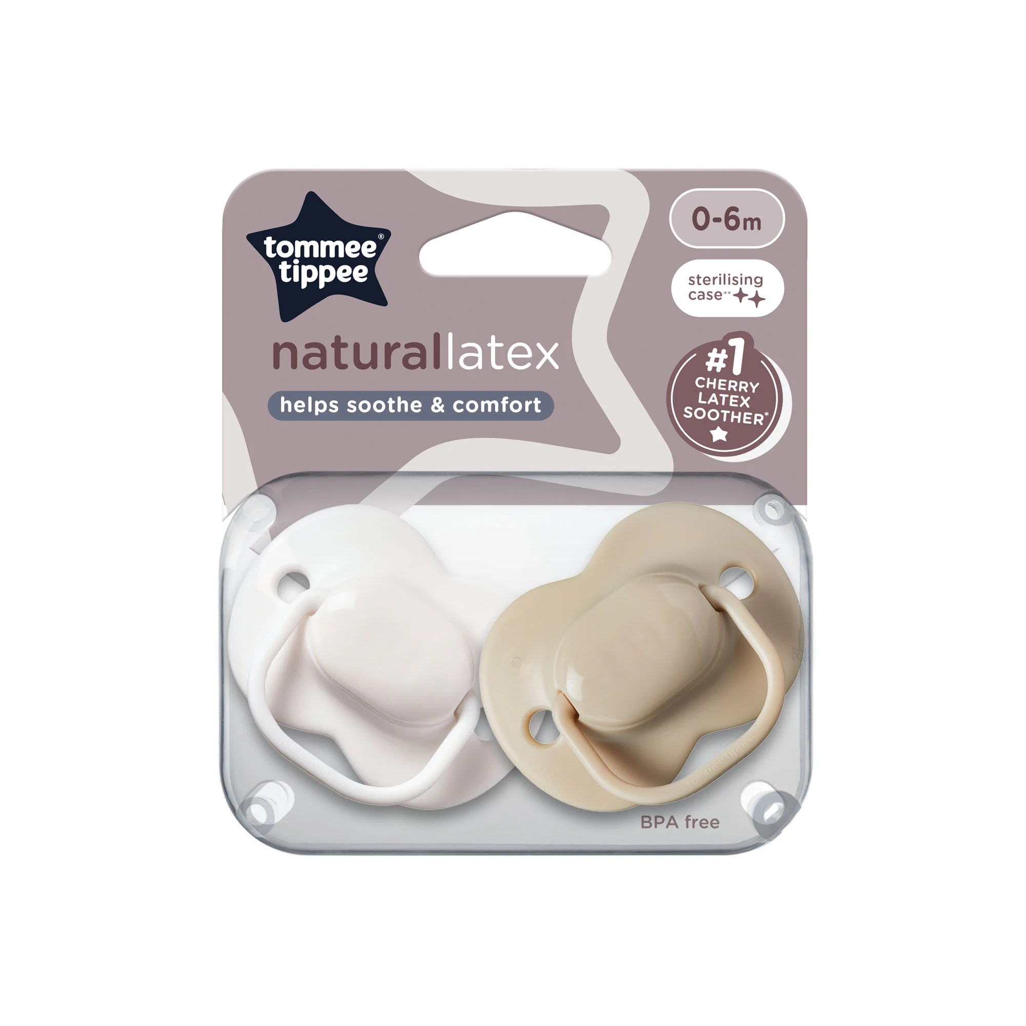 1 2 Pack Tommee Tippee Natural Latex Cherry Soothers - White and Beige, 1 of 10