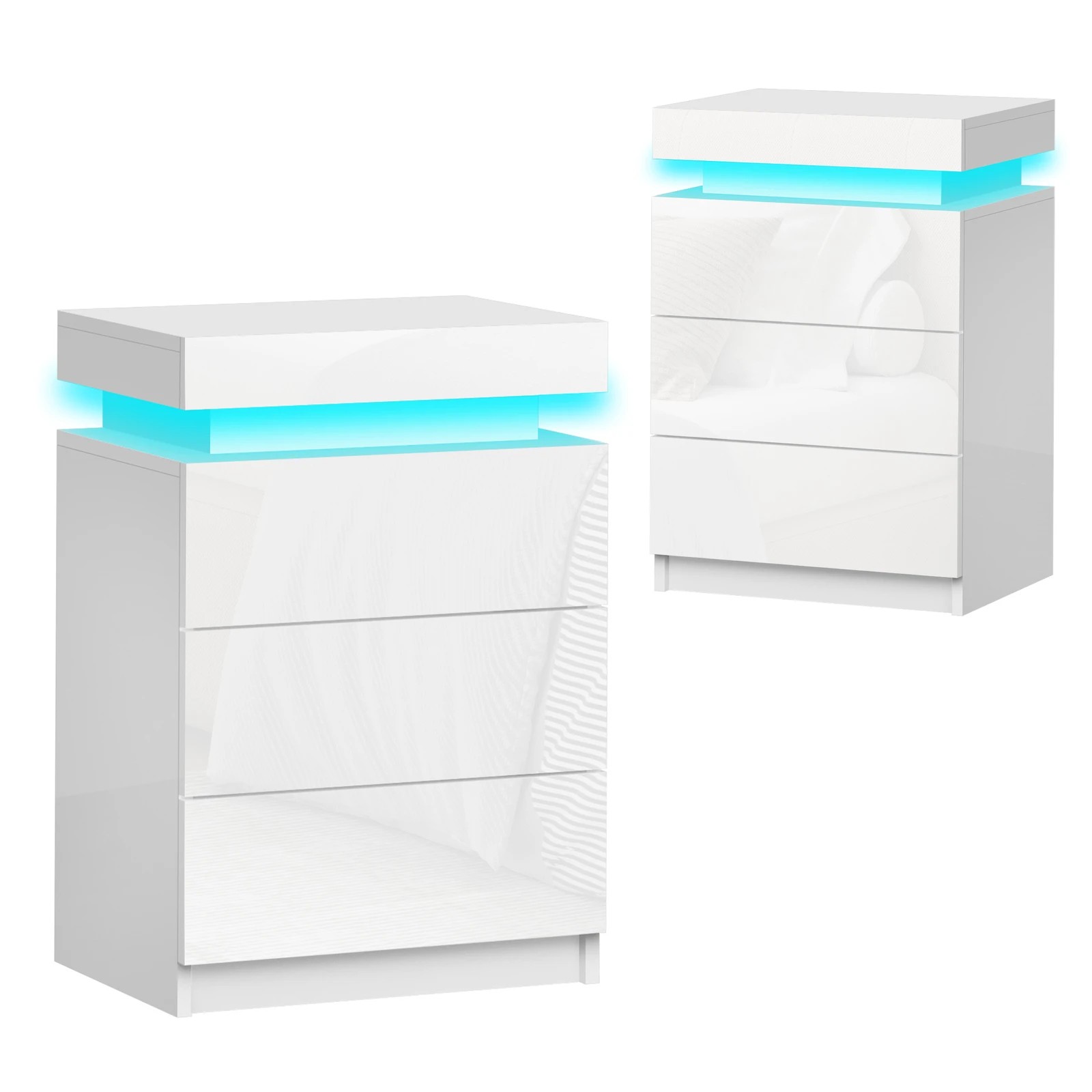1 Alfordson 2x Bedside Table LED Nightstand 3 Drawers High Gloss - White, 1 of 10
