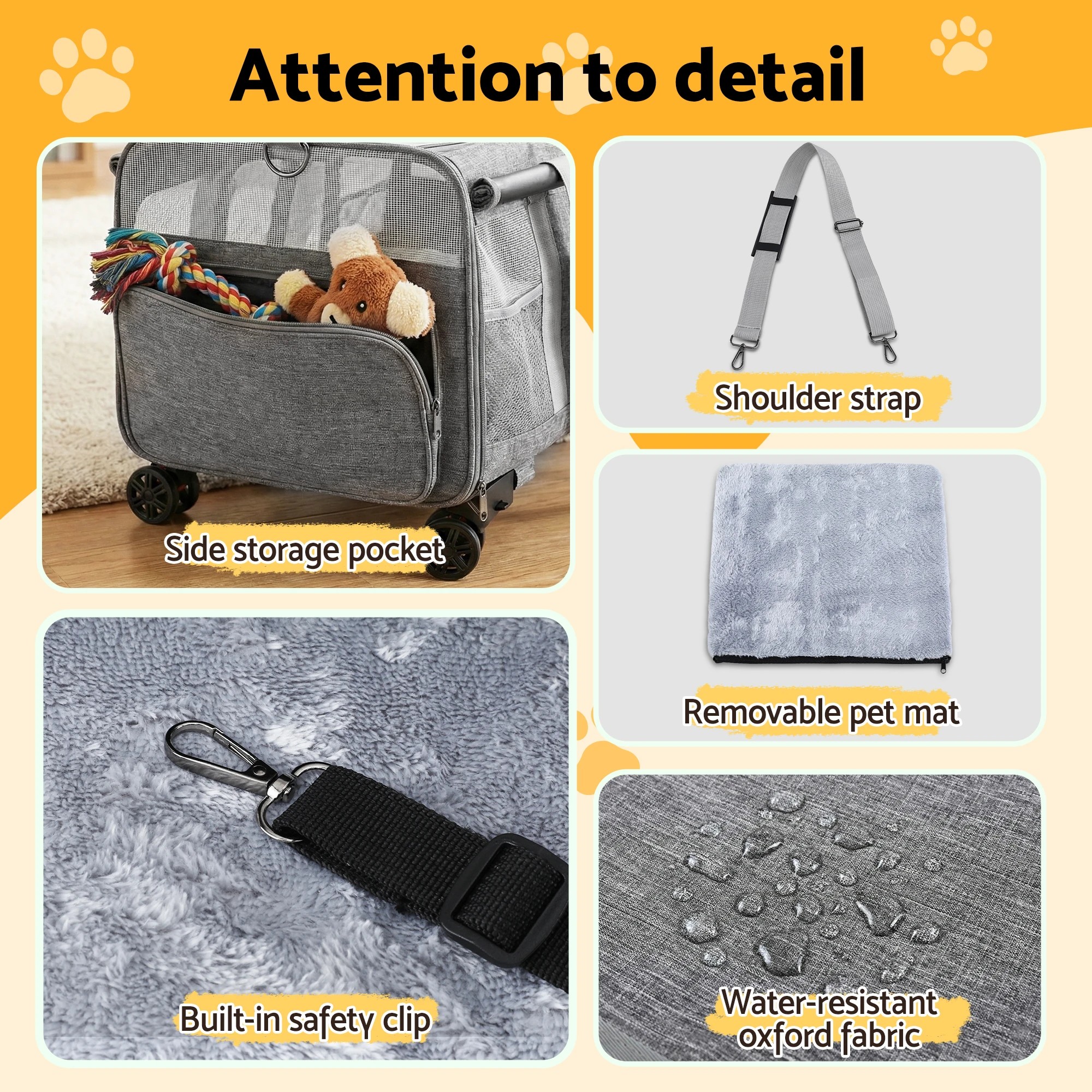 8 i.Pet Pet Carrier Swivel Wheels Foldable Cat Dog Trolley Stroller Travel Bag - Grey, 8 of 8