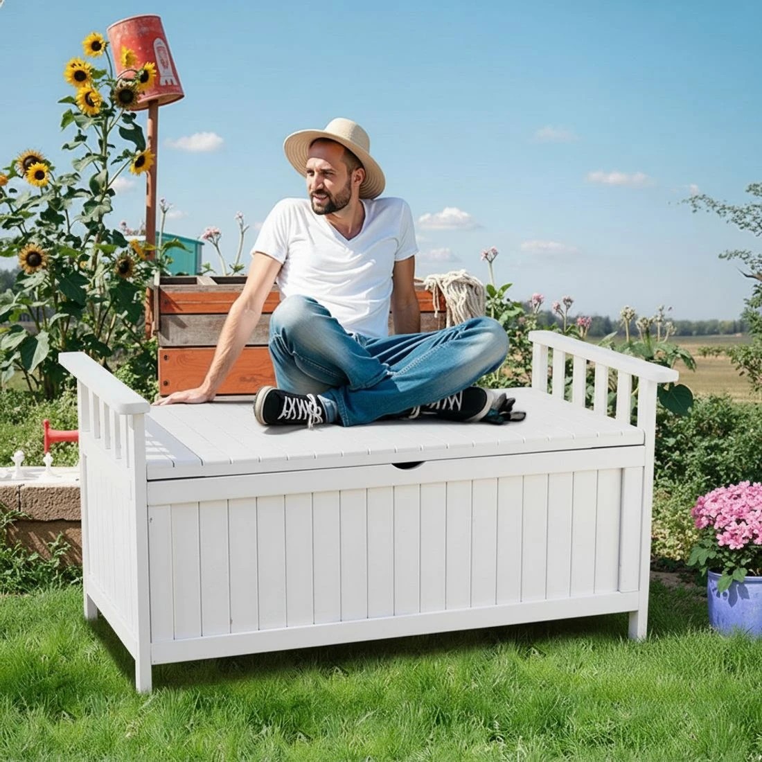 6 Gardeon Outdoor Storage Bench Box Wooden Garden Toy Tool Patio Furniture - White, 6 of 7