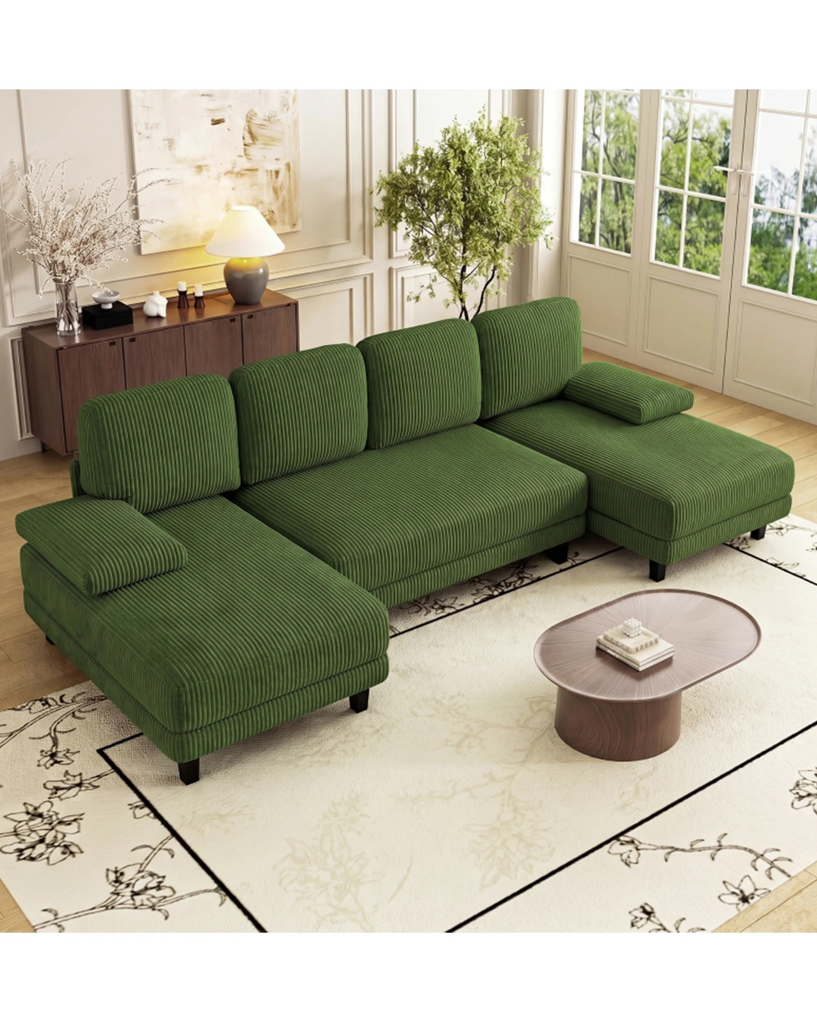 1 Advwin Sectiona Sofa 4-Seater Corduroy Fabric U Shape Couch 280cm - Green, 1 of 6