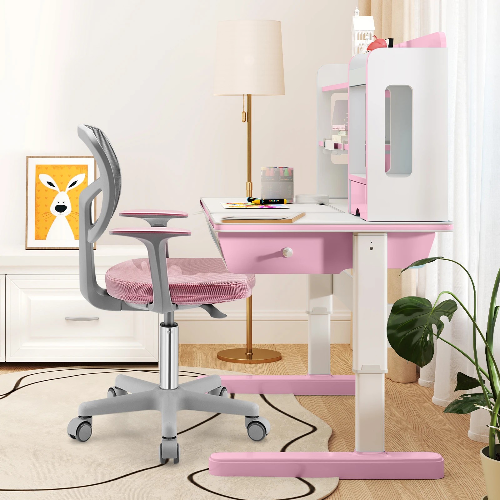 4 Costway Desk Study Chair Swivel Chair w/Adjustable Height - Pink, 4 of 6