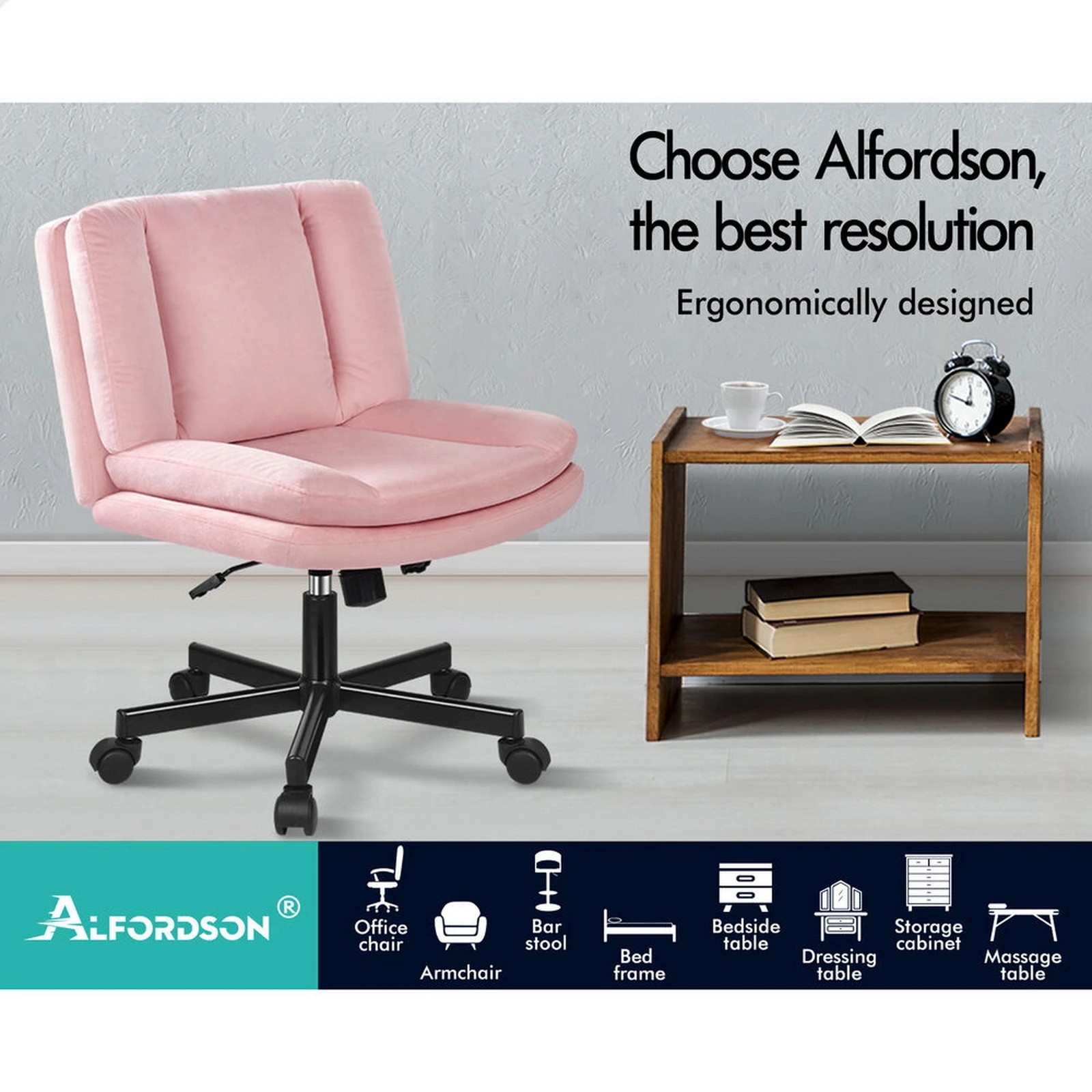 2 Alfordson Armless Office Desk Chair Mid Back Wide Seat w/ Wheels Velvet - Pink, 2 of 10