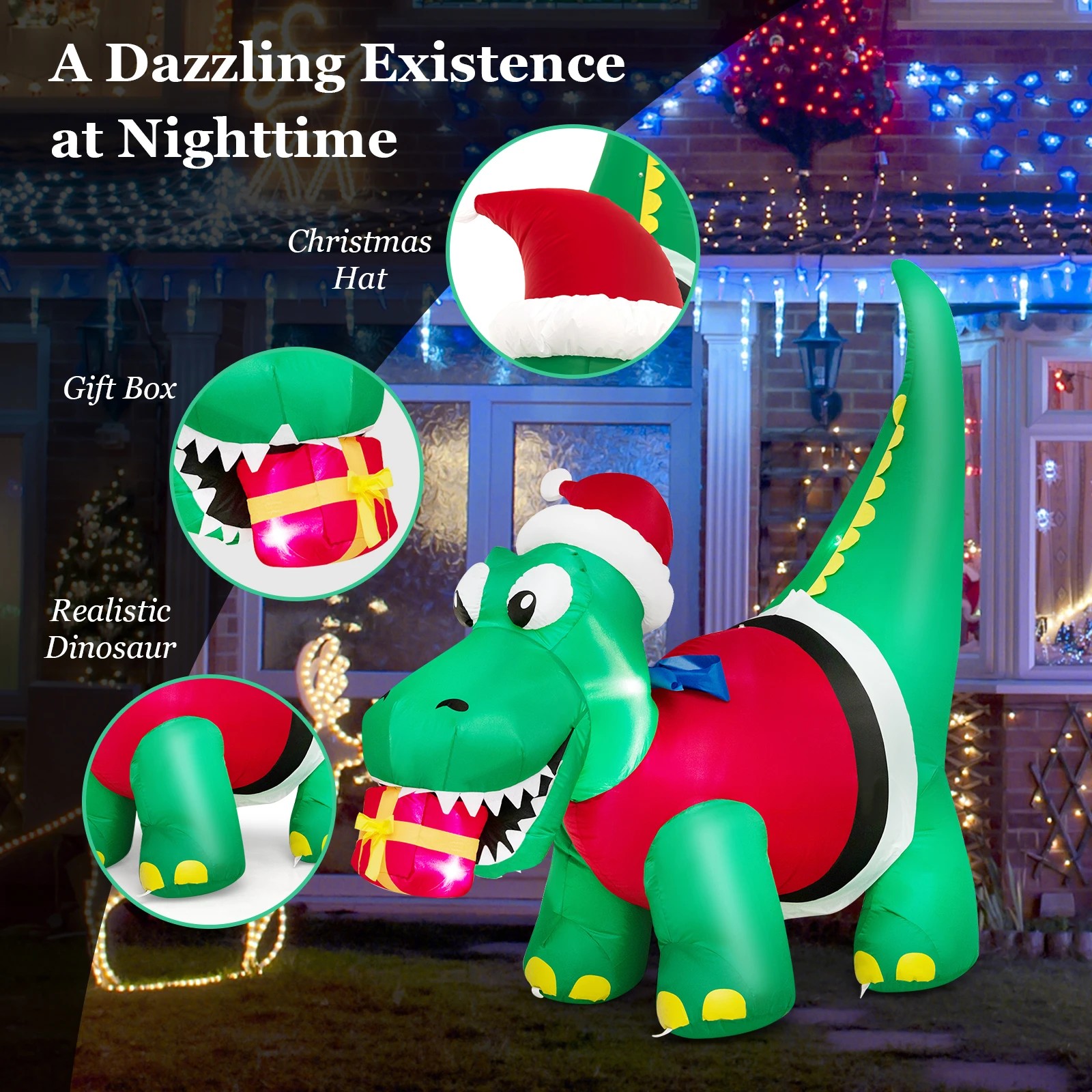 5 Costway 1.85M Christmas Inflatables Dinosaur & Gift Box LED Lights Xmas Outdoor Decoration, 5 of 10