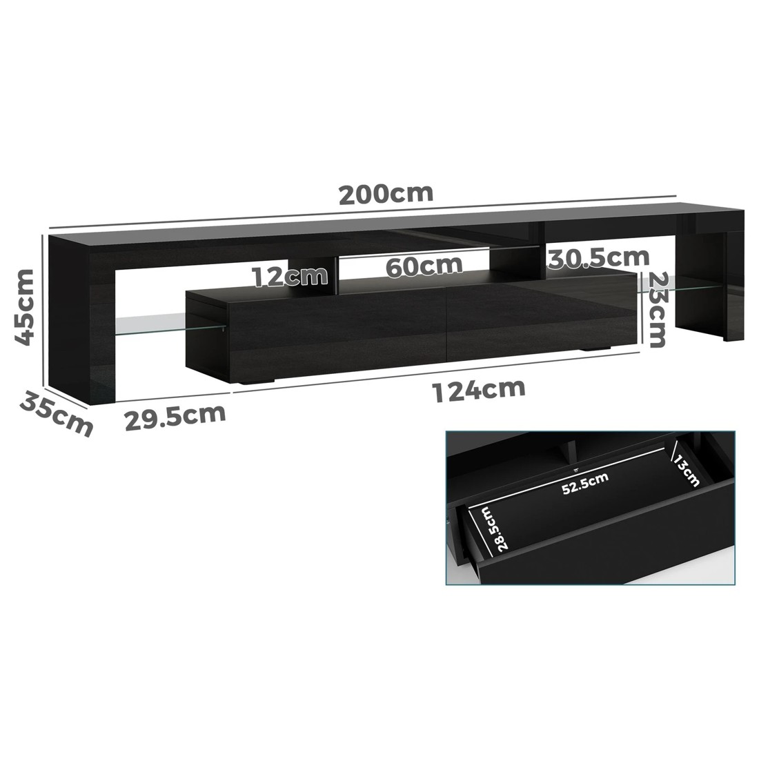 2 Alfordson Entertainment Unit 200cm TV Stand LED Light Storage Gloss - Black, 2 of 10