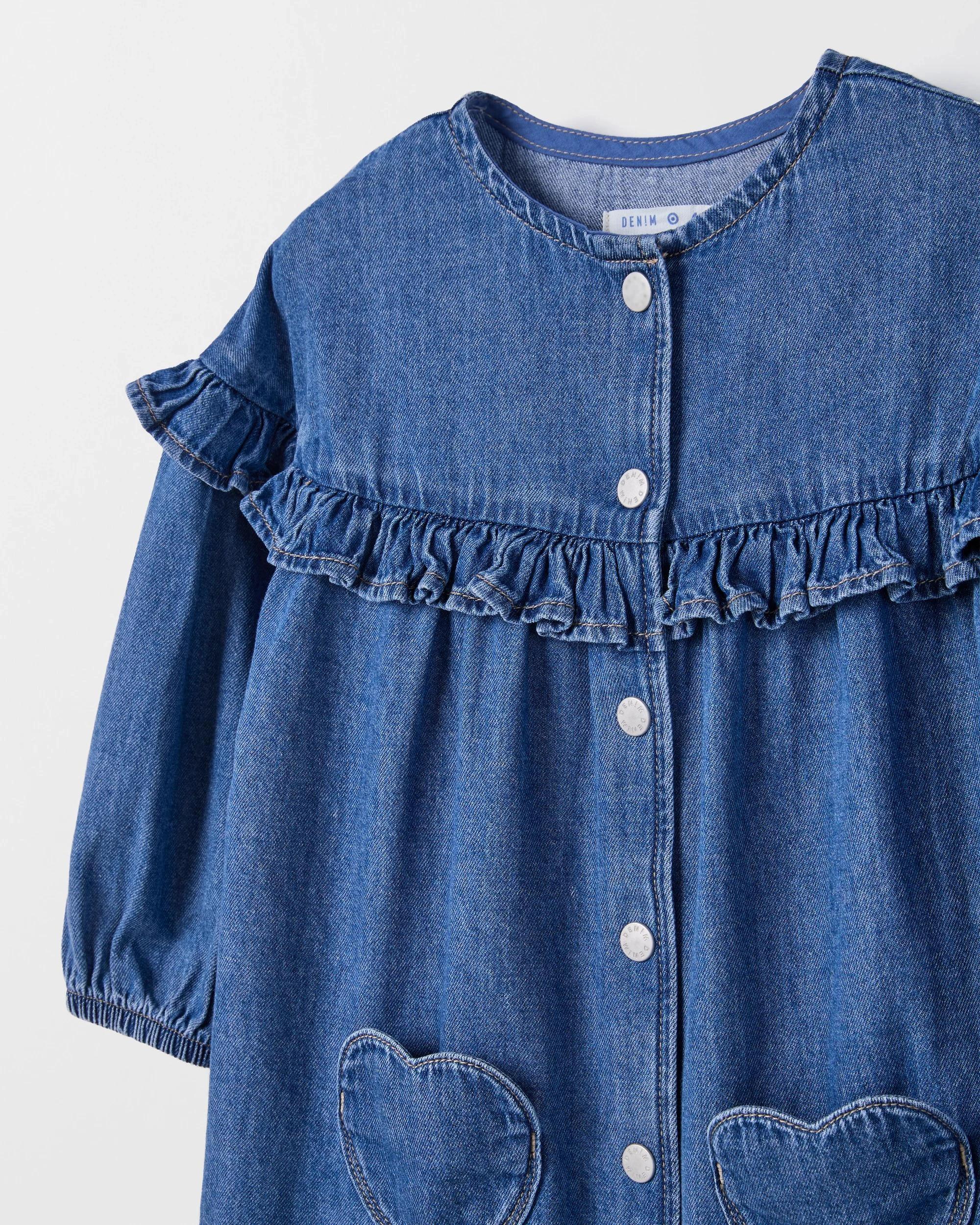 2 Target Kids Denim Long Sleeve Ruffle Dress BLUE DENIM WASH, 2 of 2