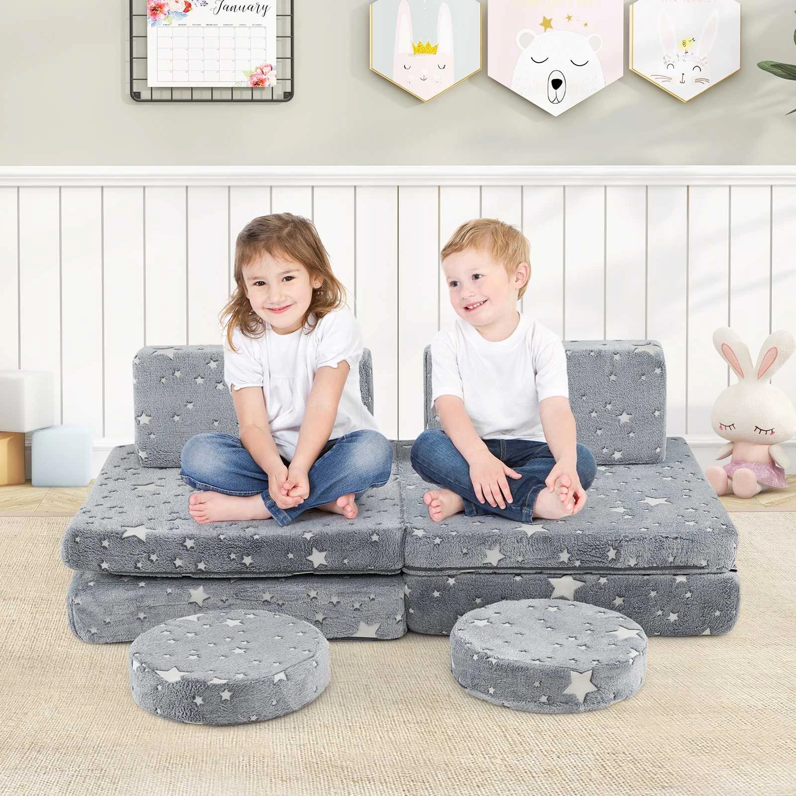 2 Costway 8PCS Modular Play Couch Set Glow in the Dark Fold Out Sofa - Grey, 2 of 2