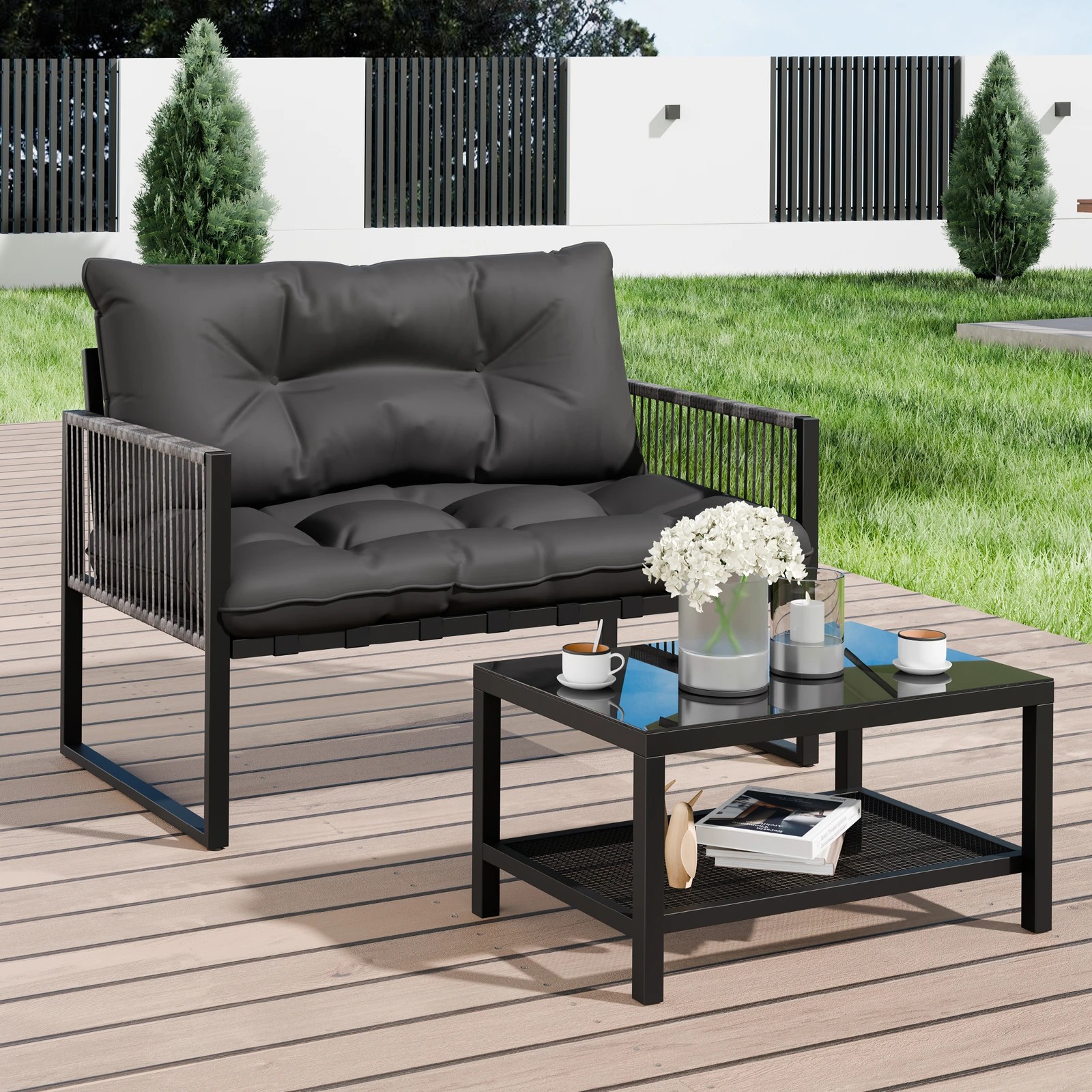 8 Alfordson 2PCS Outdoor Lounge Sofa Set Wicker Furniture Table and Chairs Garden - Black Grey, 8 of 9