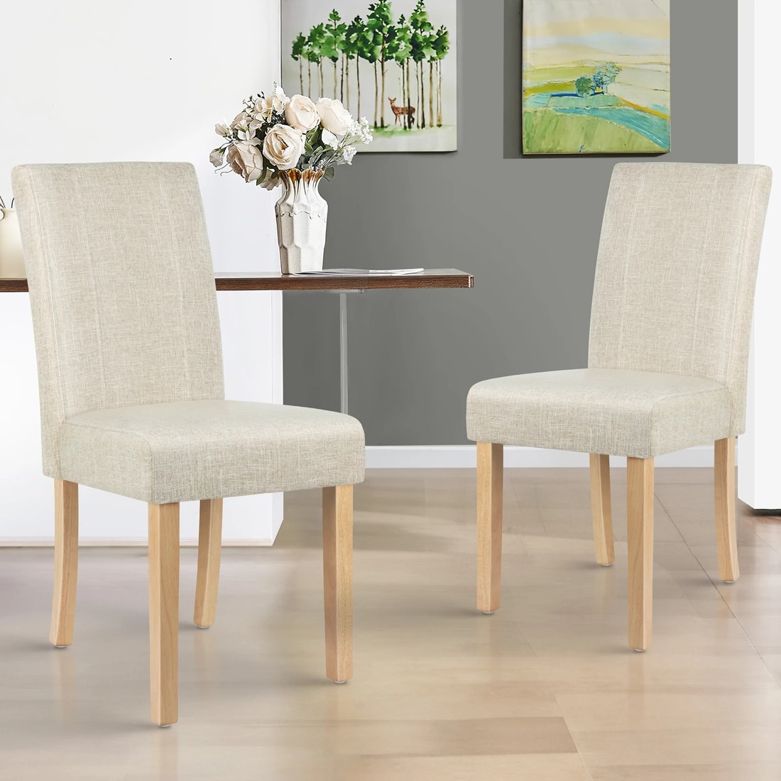 2 Alfordson 2x Dining Chairs Cafe Kitchen Chair Retro High-Back Wood Fabric - Beige, 2 of 10