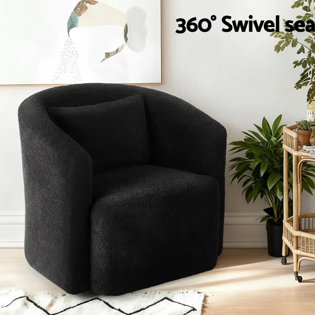 4 Artiss Swivel Chair Round Armchair Sherpa Fleece - Black, 4 of 6