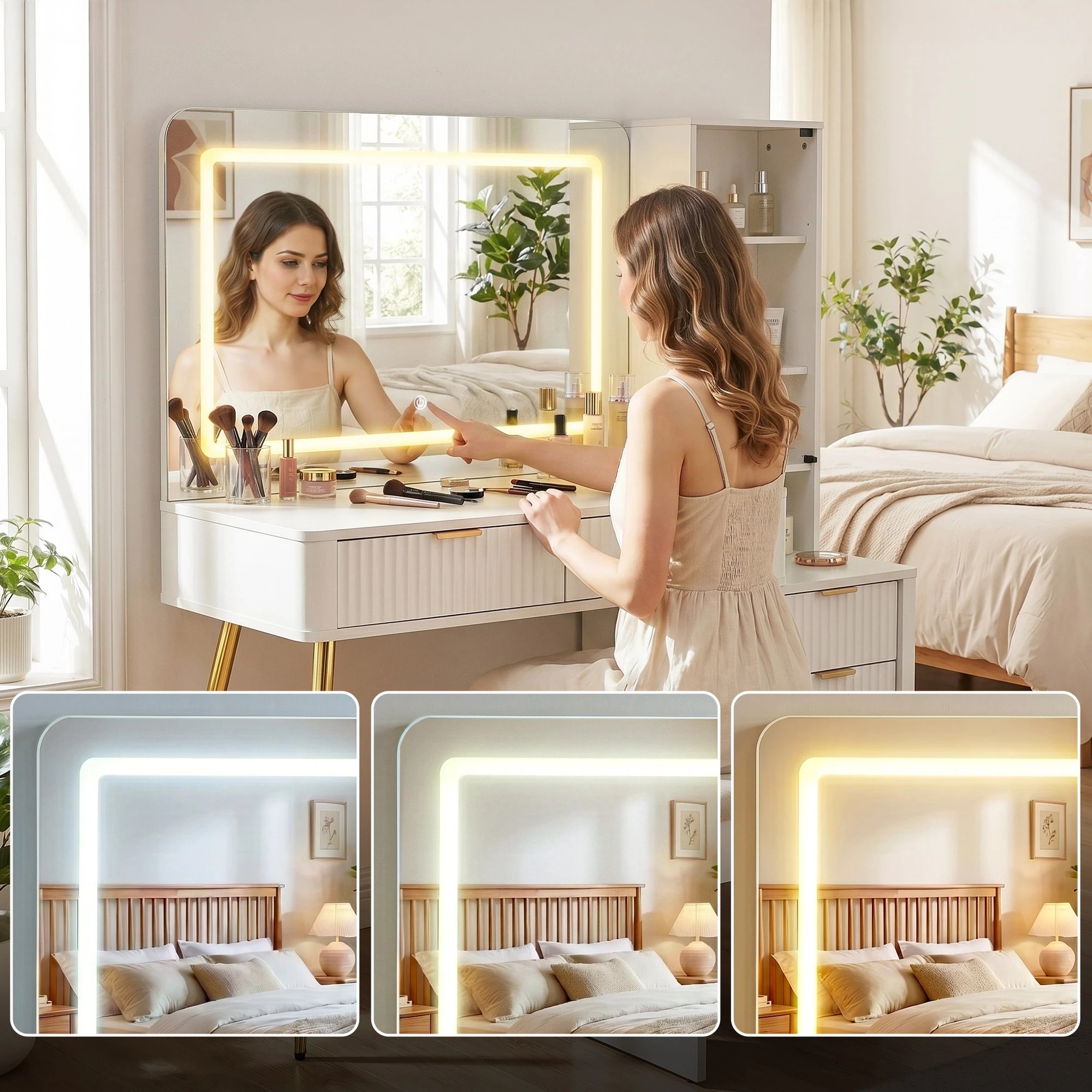 4 Artiss Dressing Table LED Mirror Vanity Desk Power Outlet Fluted Drawer - White, 4 of 9