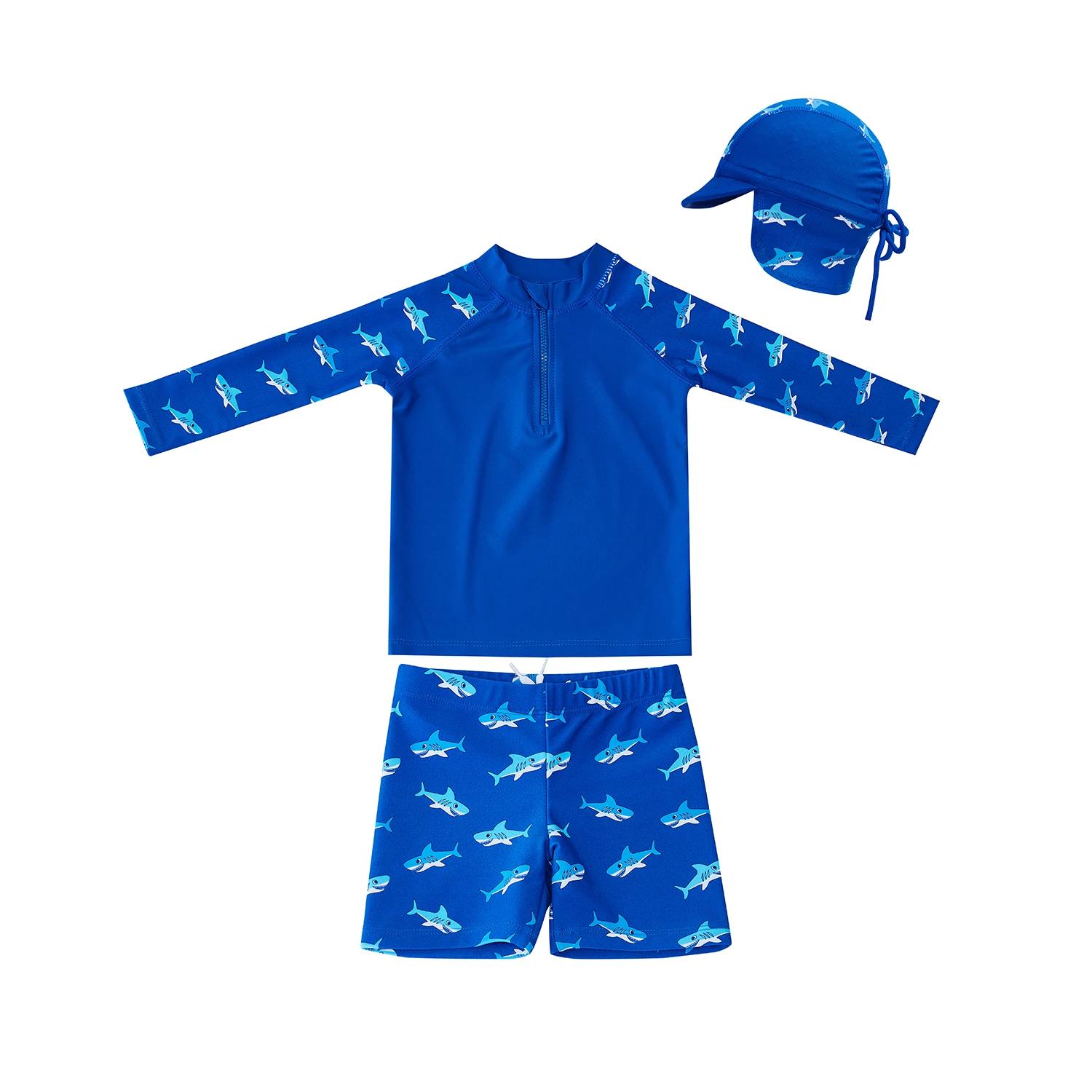 1 Big Softies 3 PC Long Sleeve Rashie, Shorts & Hat, Shark NAVY SHARK, 1 of 7