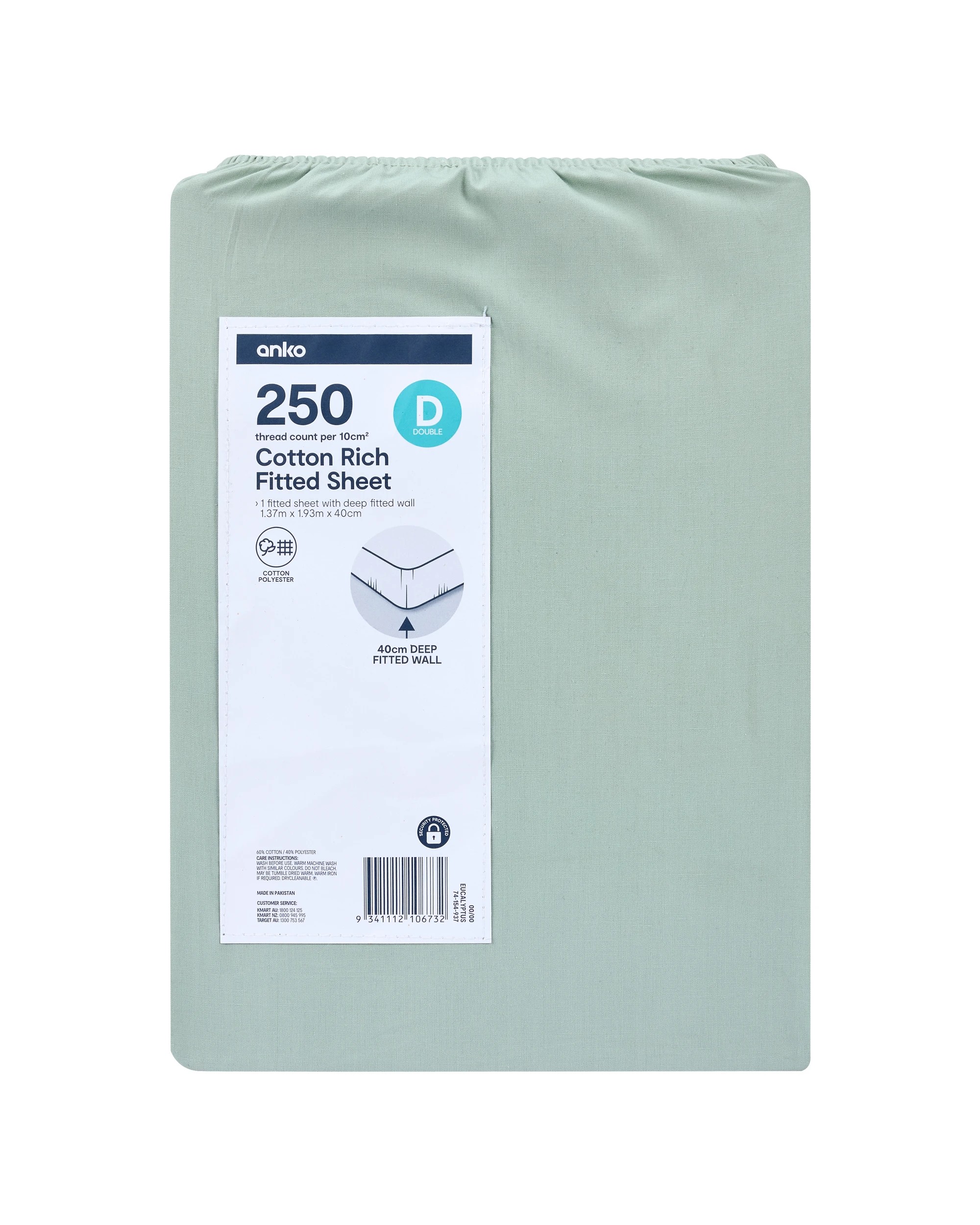 4 250 Thread Count Cotton Rich Fitted Sheet - Double Bed, Eucalyptus, 4 of 4