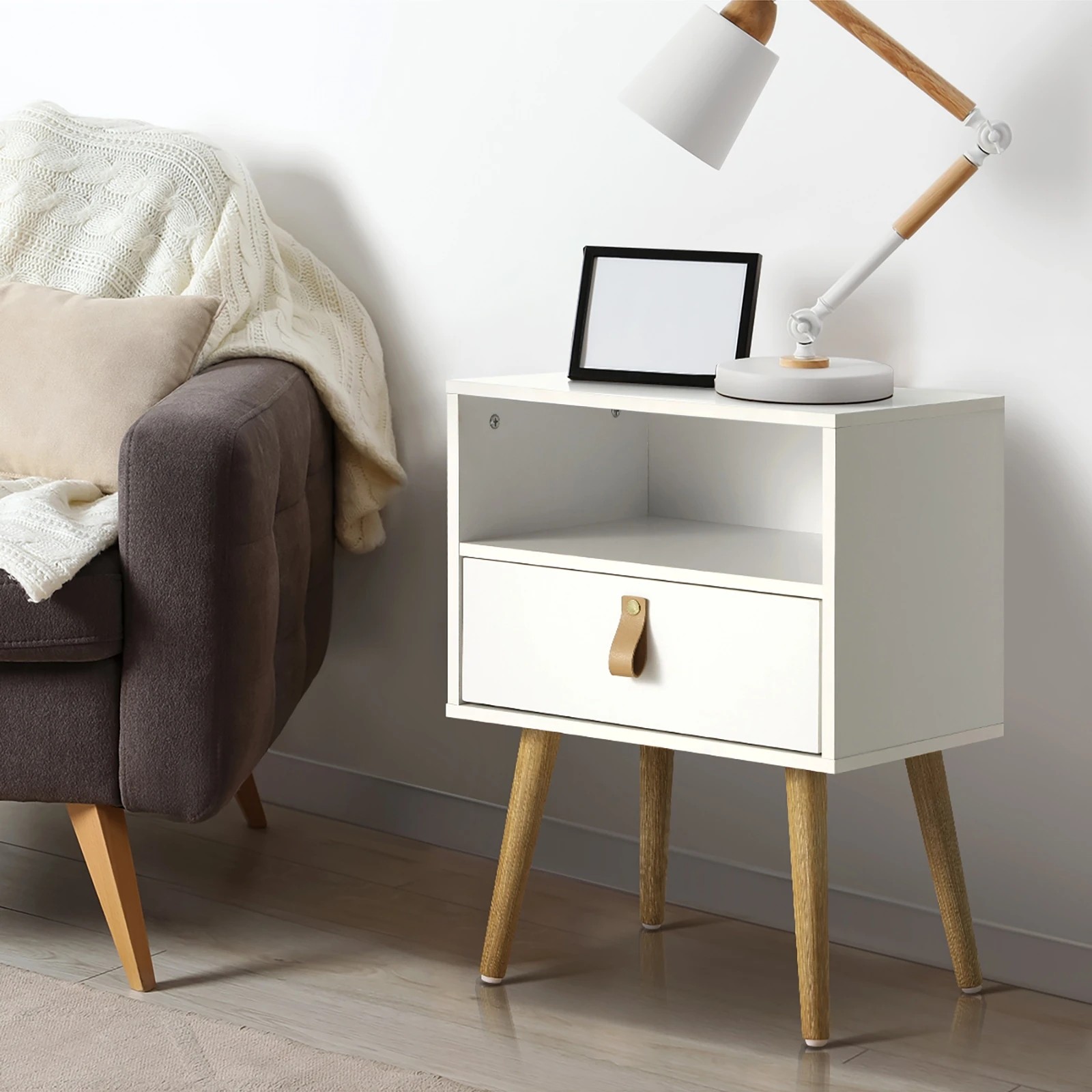 3 Oikiture 2 X Bedside Tables Side Table Leather Handle - White, 3 of 8