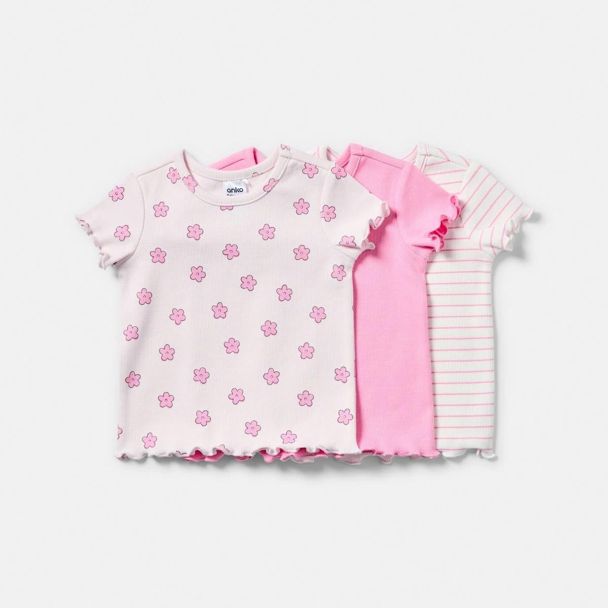 1 3 Pack Short Sleeve Ribbed T-shirt PINK DAISIES, 1 of 8