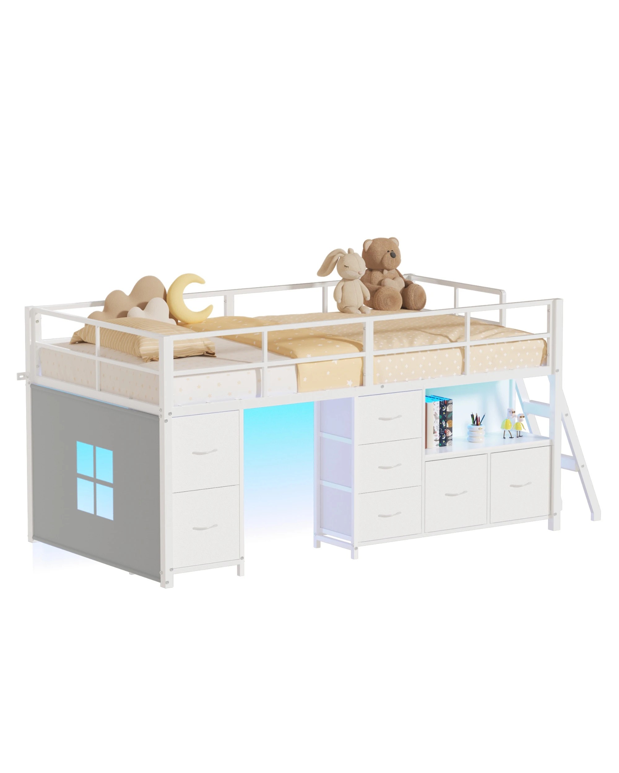 1 Advwin King Single Low Loft Bed with 7 Drawers Bookcase LED Light for Kids - White, 1 of 8