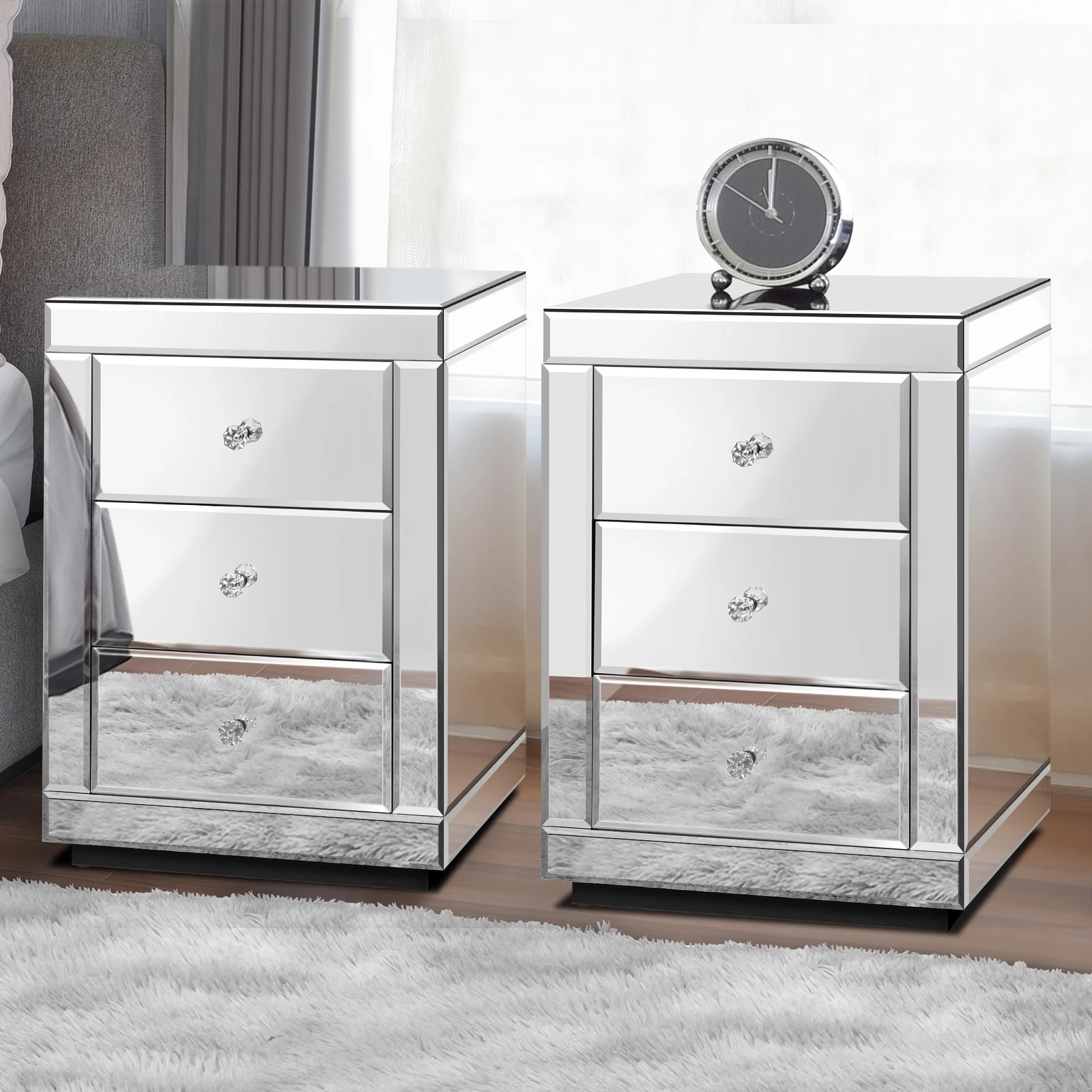 1 Alfordson 2x Mirrored Bedside Table 3 Drawers - Silver, 1 of 10