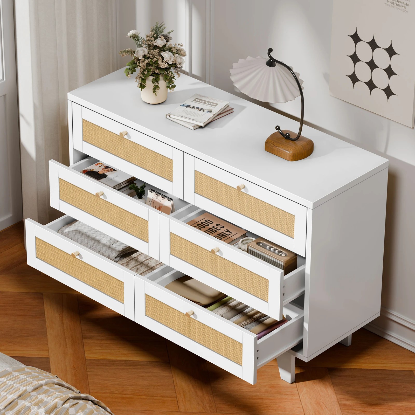 2 Alfordson 6 Chest of Drawers Rattan Storage Cabinet Dresser Tallboy - White, 2 of 10