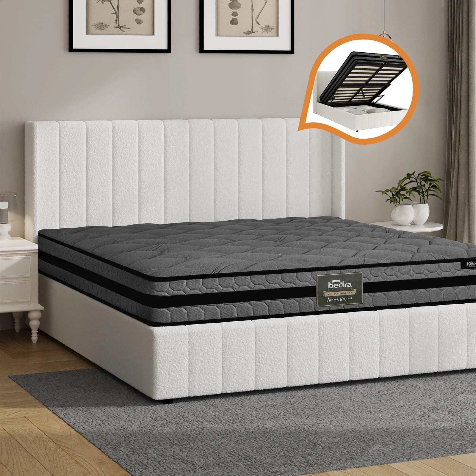 3 Oikiture Bed Frame Queen Size Gas Lift Storage Boucle Beds W/ Mattress Set BILY - White, 3 of 8