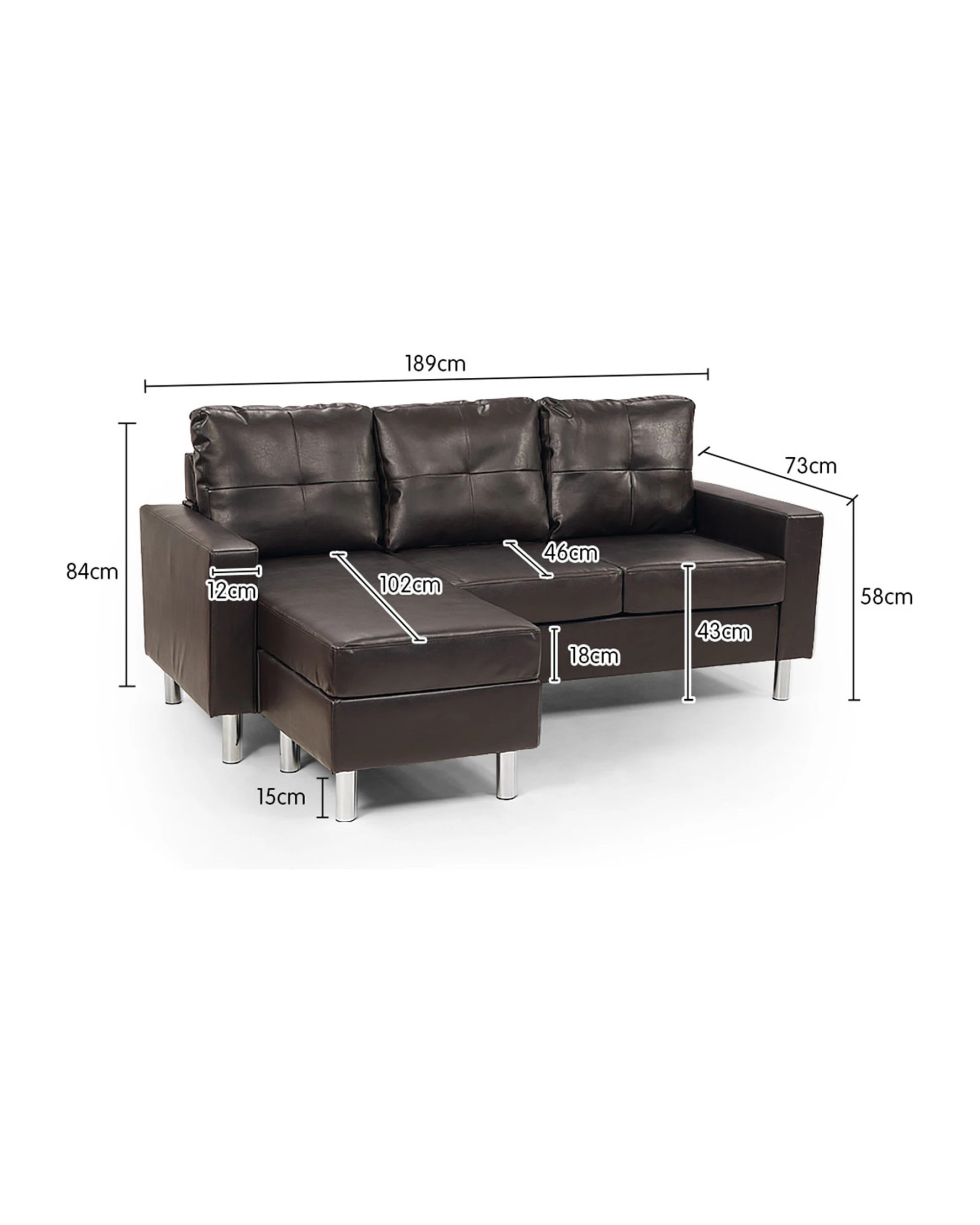 3 Sarantino Corner Sofa Couch With Chaise - Brown, 3 of 6