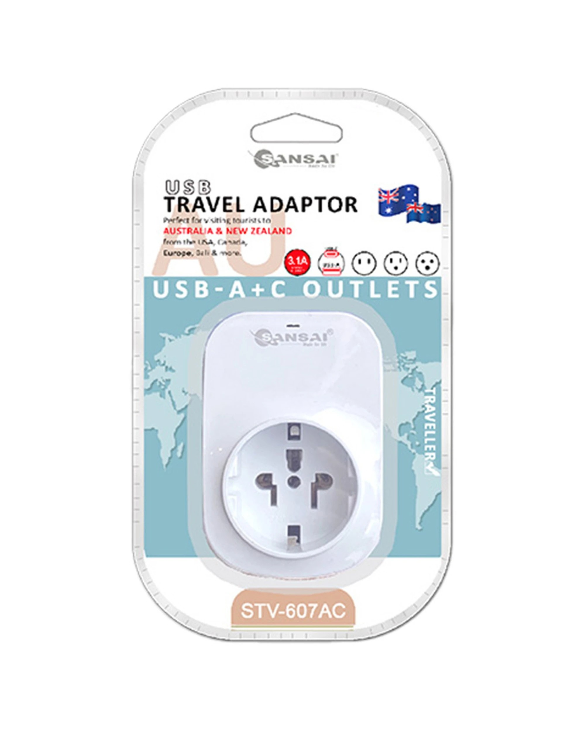 1 Sansai Worldwide Travel Adaptor USB-C A USA Canada Europe to AU NZ Plug - White, 1 of 3