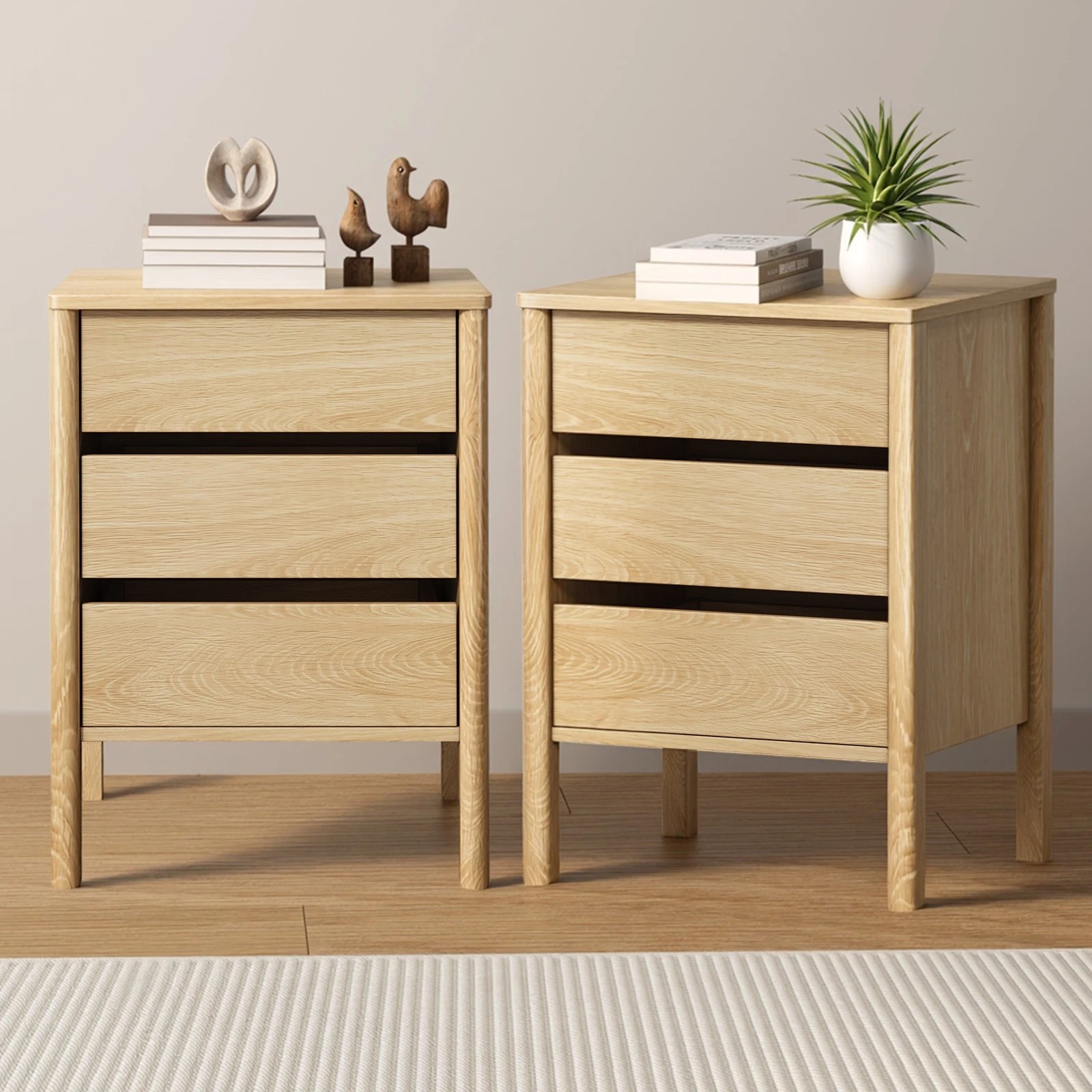3 Oikiture 2x Bedside Table 3 Drawers Side Table Nightstand Handle-free - Natural, 3 of 9