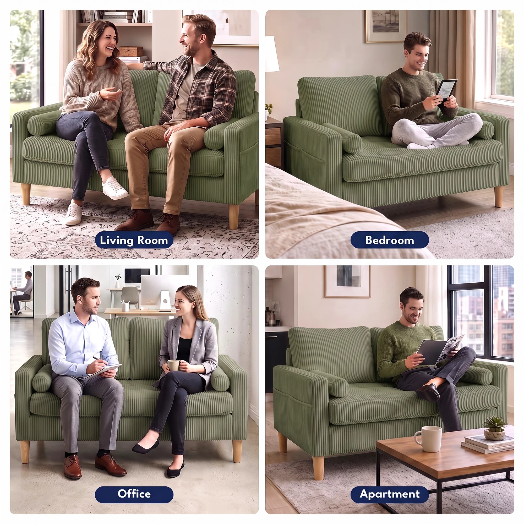 8 Advwin 121CM 2 Seater Loveseat Sofa Compact Corduroy Couch with Tufted Seat Cushion and Side Storage Pockets - Green, 8 of 8