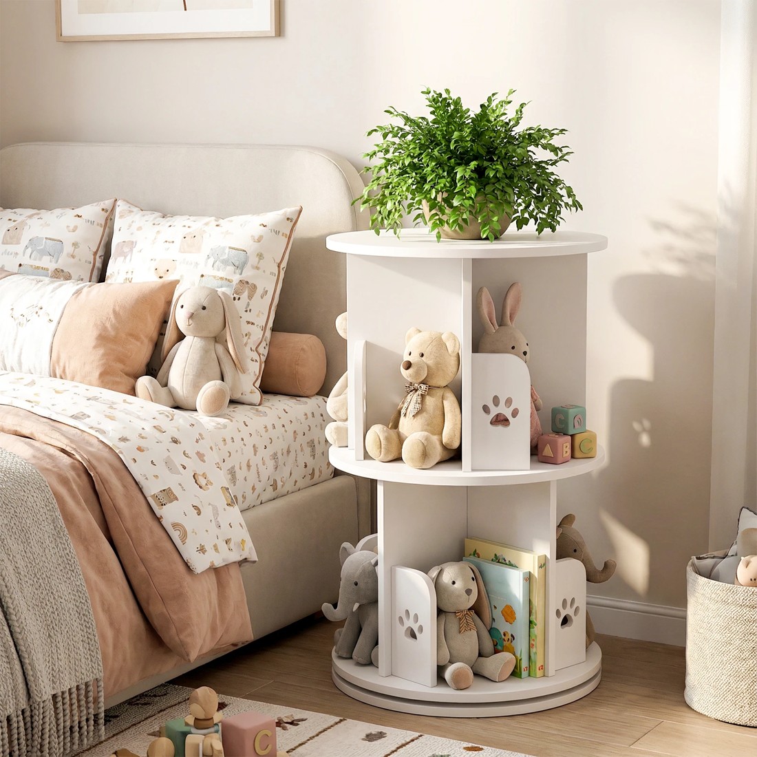 7 Advwin Rotating Bookshelf 2-Tier Wooden Bookcase Small Corner Standing Display Shelf Organizer - White, 7 of 8