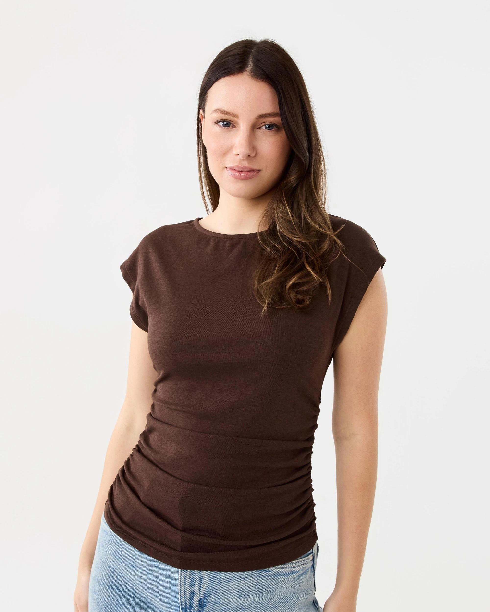 1 Drop Shoulder Ruched Top Melt Brown, 1 of 6